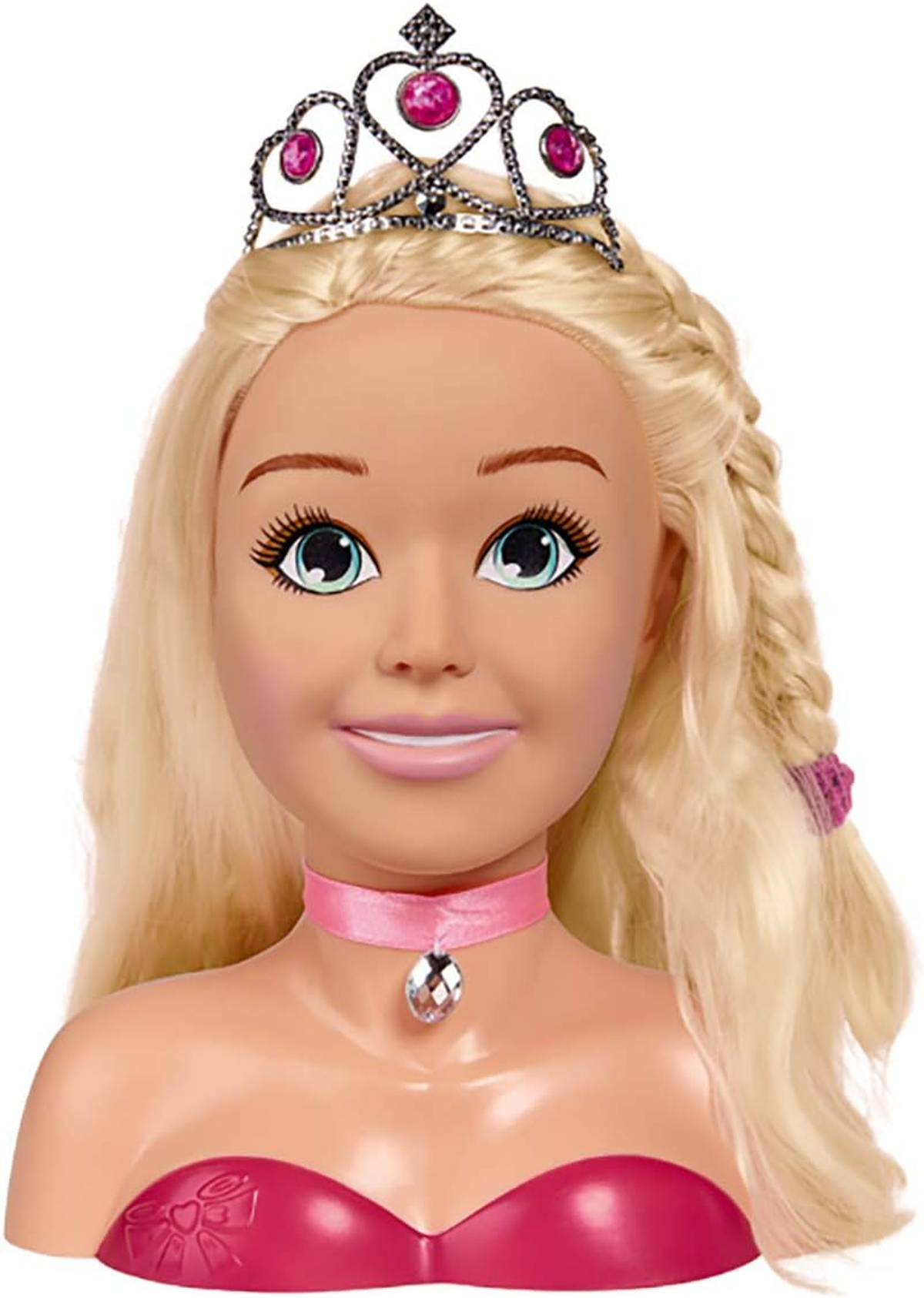 Ein Puppenkopf mit blondem Haar, einer Tiara und einem rosa Halsband. Es ist ein Prinzessinnen-Puppenkopf.