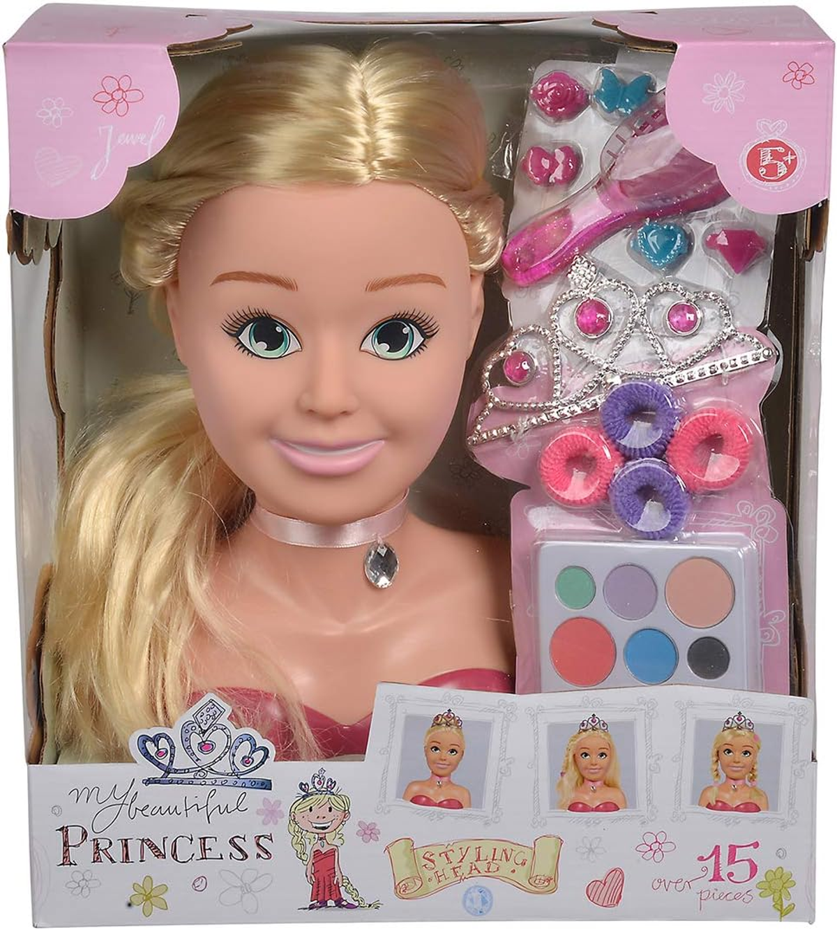 Ein Puppenkopf mit blonden Haaren, Make-up und einer Box mit Zubehör, darunter eine Tiara und Make-up.