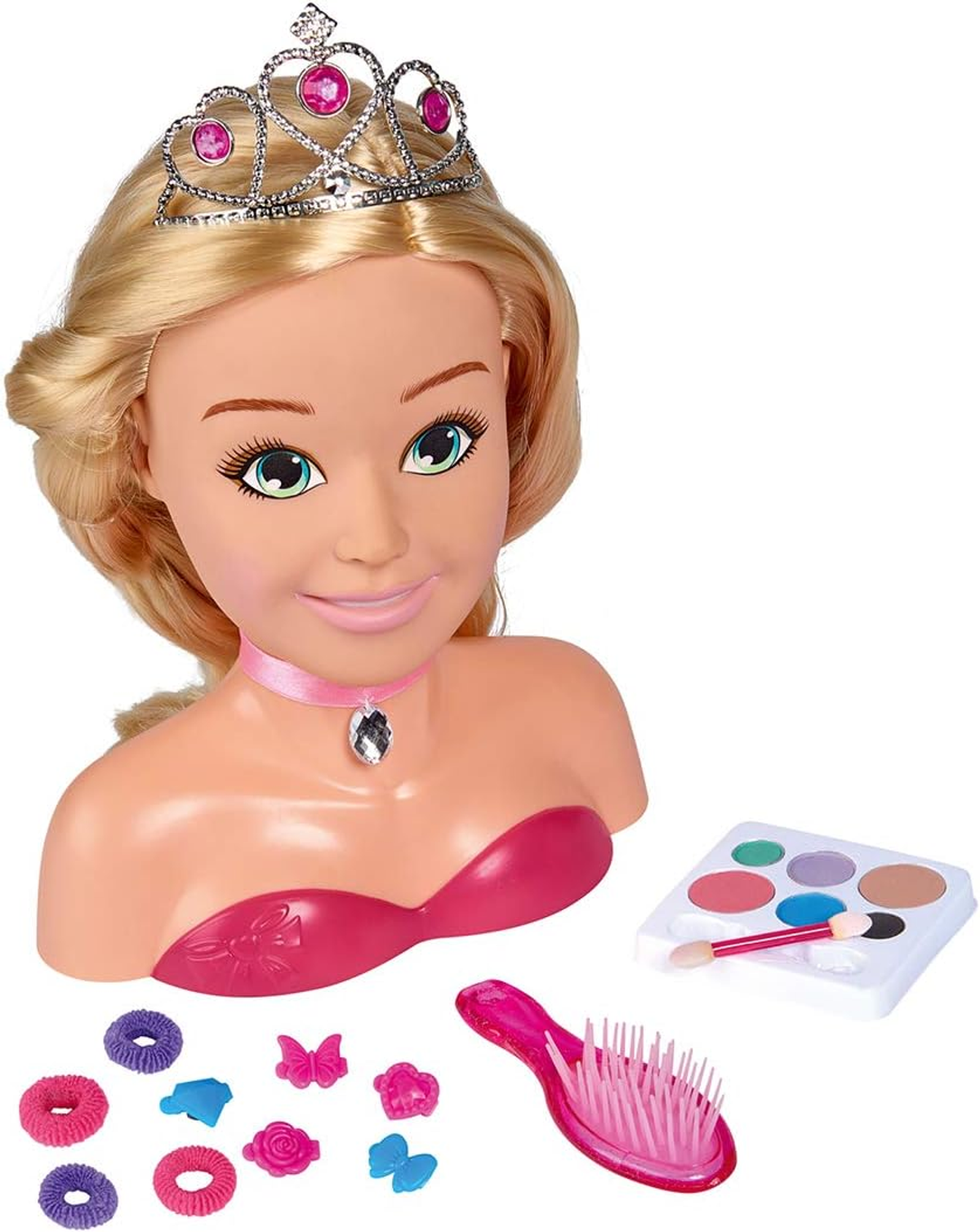 Ein Puppenkopf mit blonden Haaren, einer Tiara und Make-up-Zubehör.