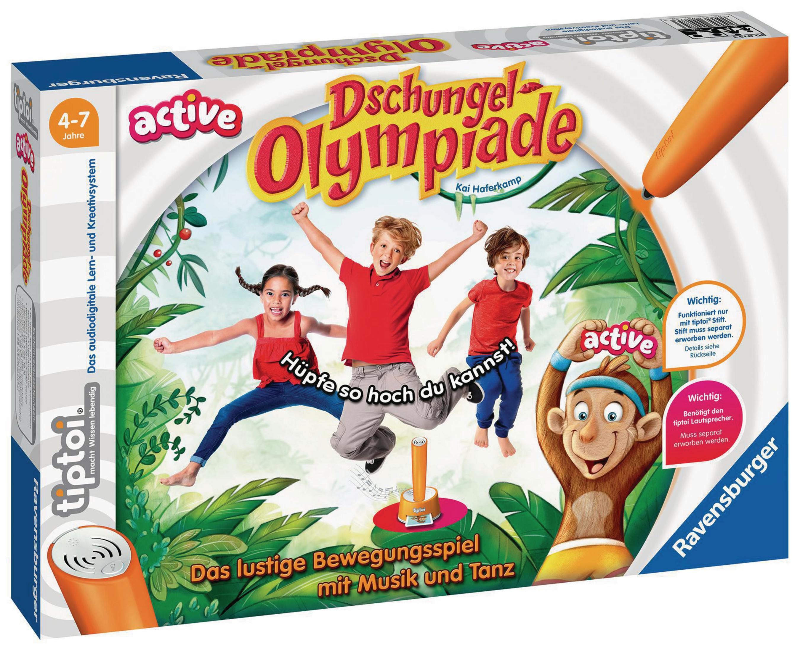 Kinderspiel, Dschungel Olympiade, mit springenden Kindern.