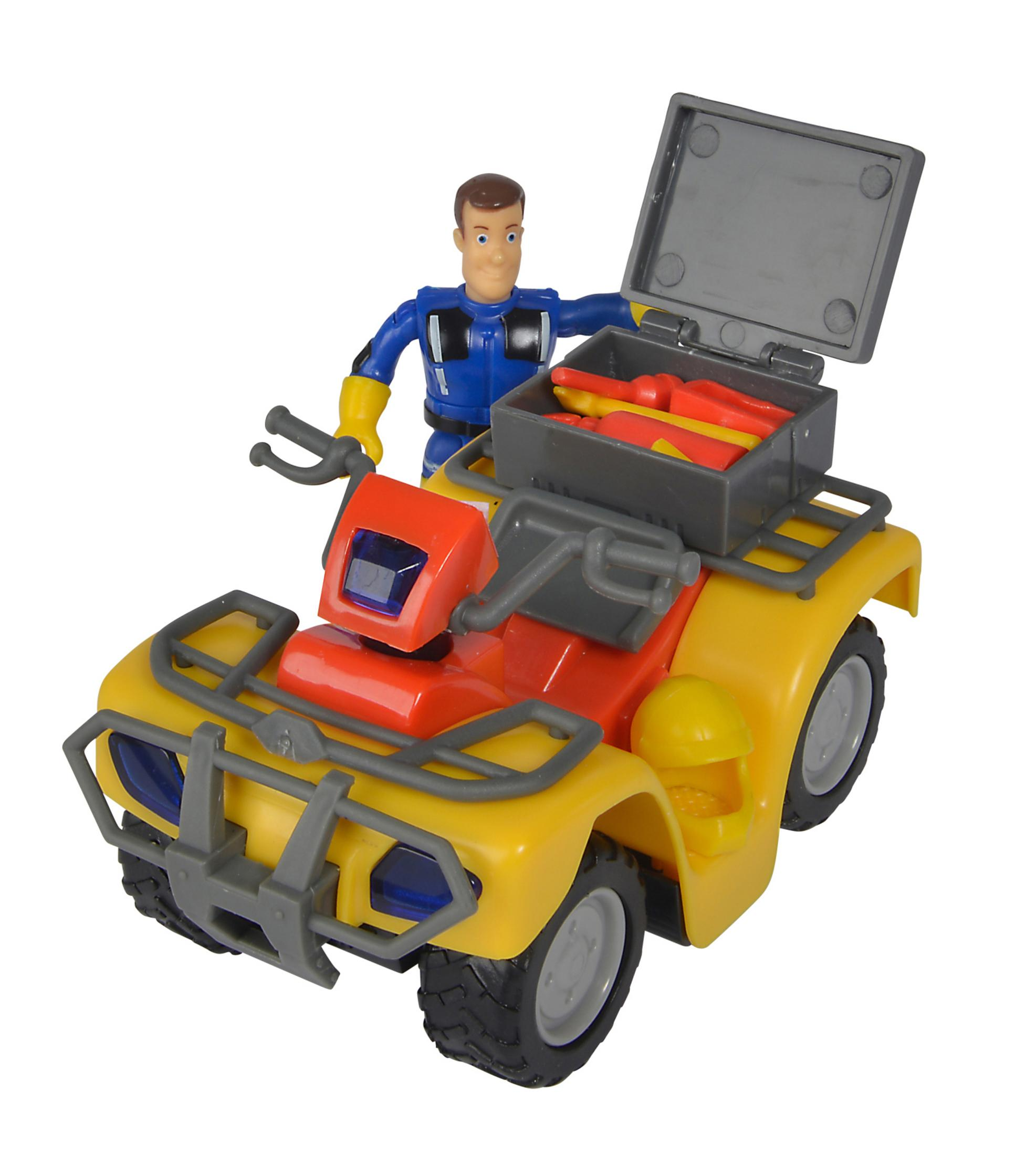 Gelb-rotes Spielzeug-ATV mit einer Playmobil-Figur, die einen Werkzeugkasten hält.