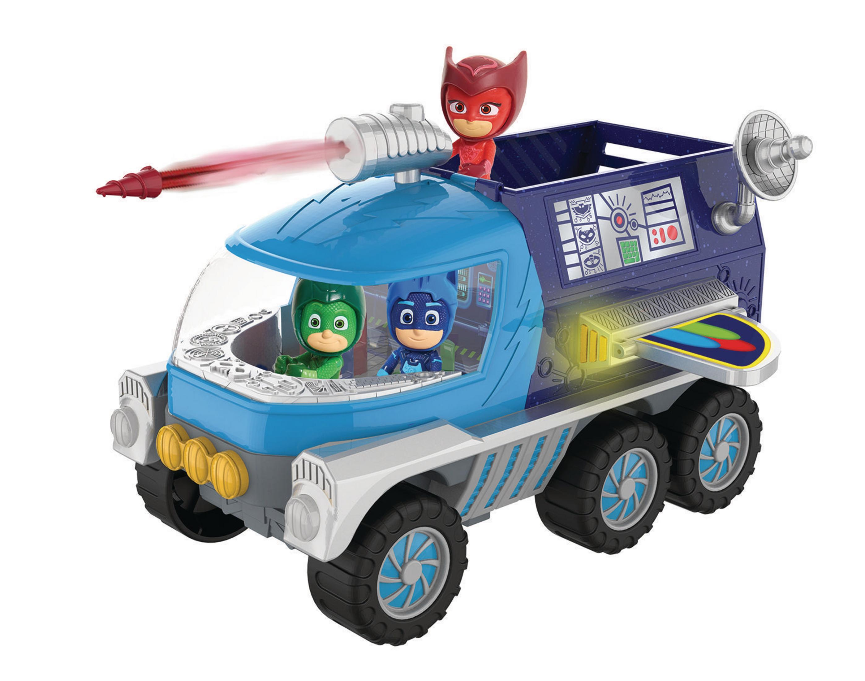 PJ Masks Spielzeugfahrzeug mit drei Figuren, blaue und weiße Farben.