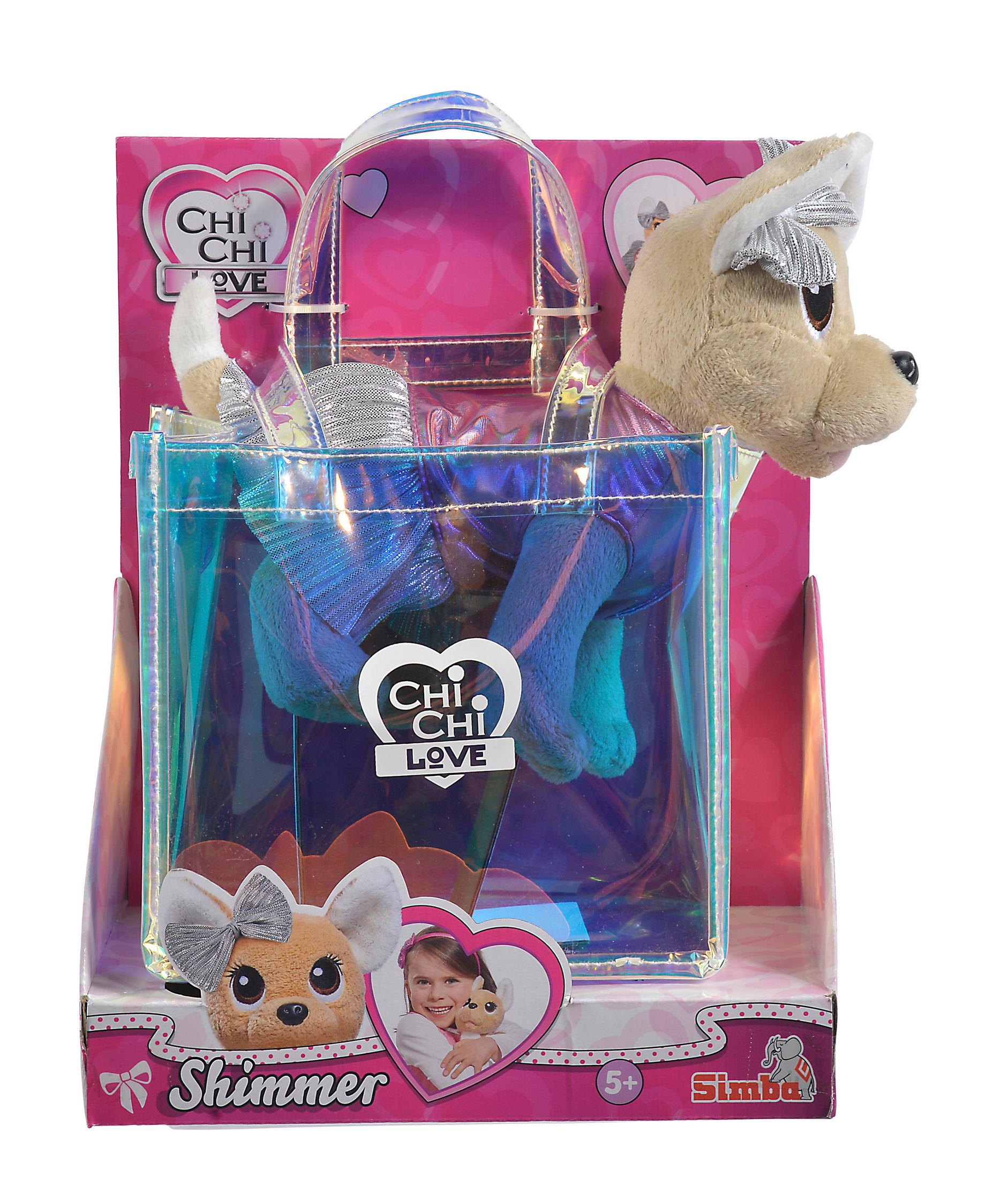 Perro de juguete en una bolsa transparente con fondo rosa. Una segunda cara de perro es visible.
