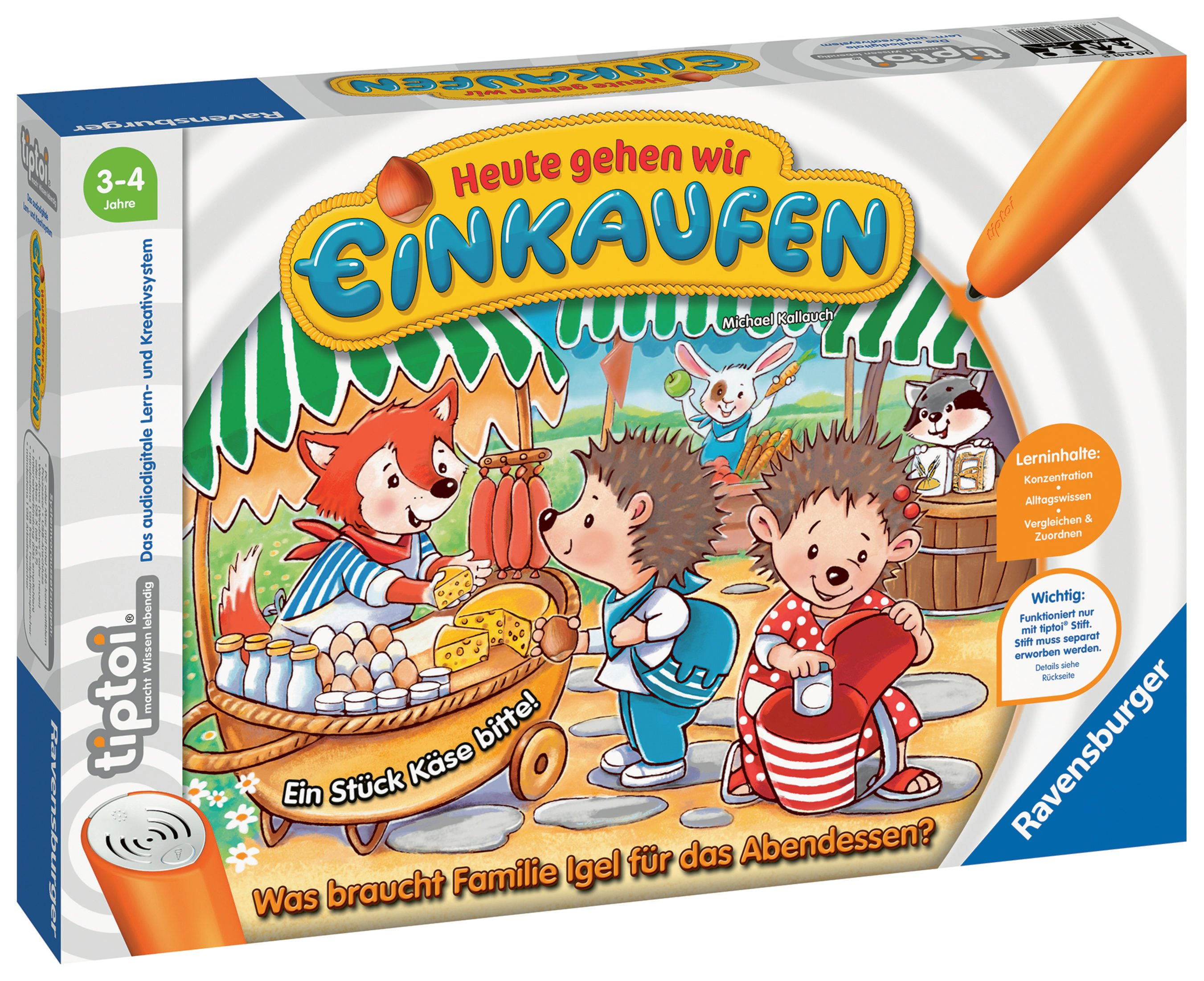 Eine Schachtel für das Spiel „Heute gehen wir Einkaufen“ mit Comic-Tieren auf einem Markt.