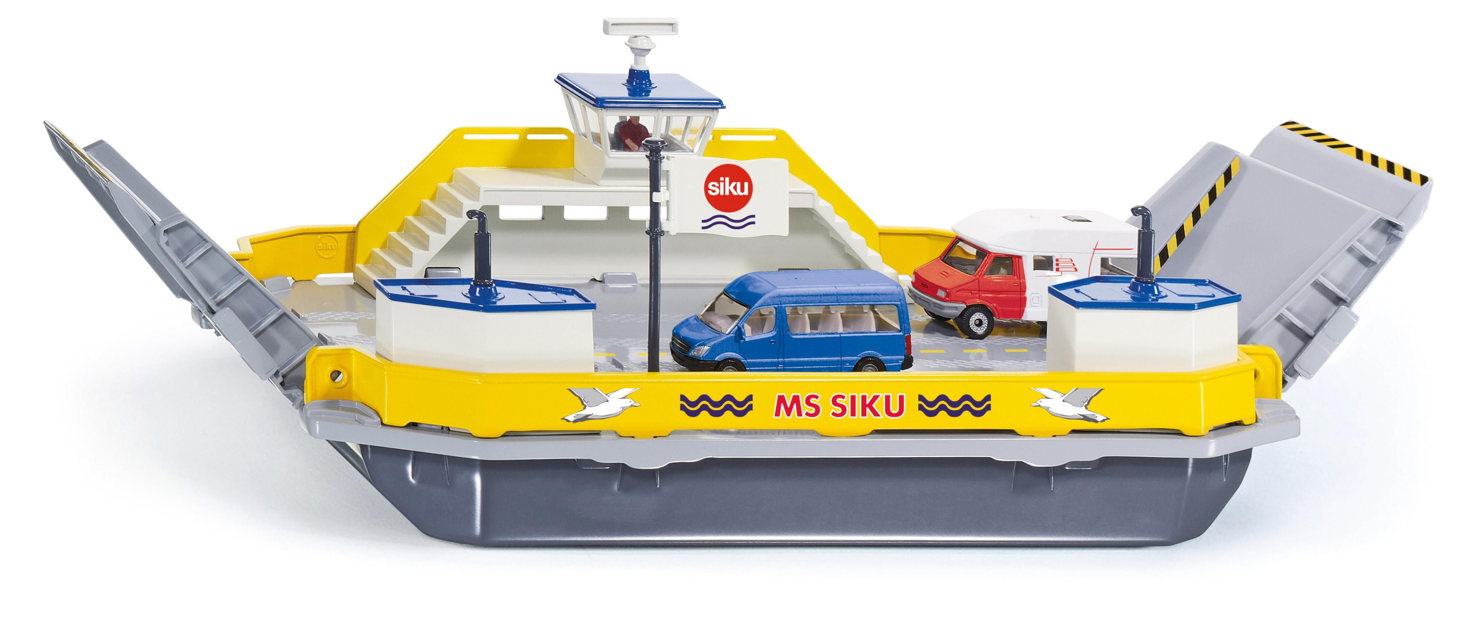 Żółto-szary prom zabawkowy z niebieskim vanem, białym kamperem i napisem: "MS SIKU" i logo "siku".