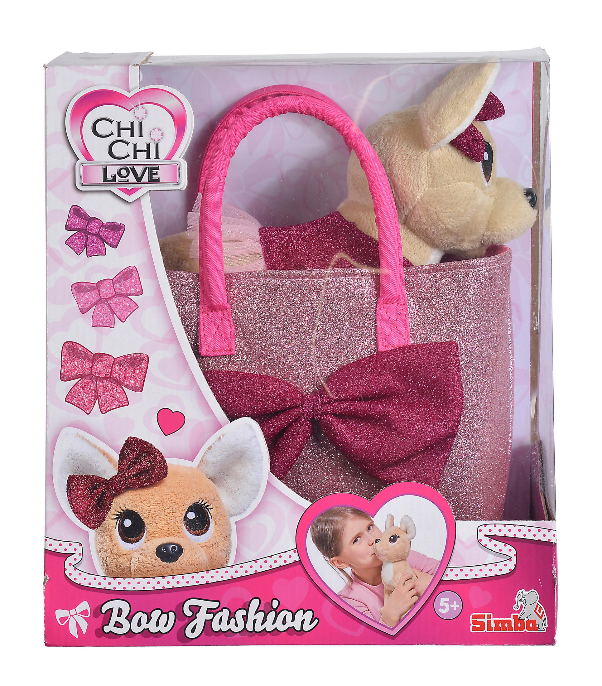Ein Spielzeugset mit einer rosa Glitzertasche, einem Chihuahua-Spielzeug und Schleifen.
