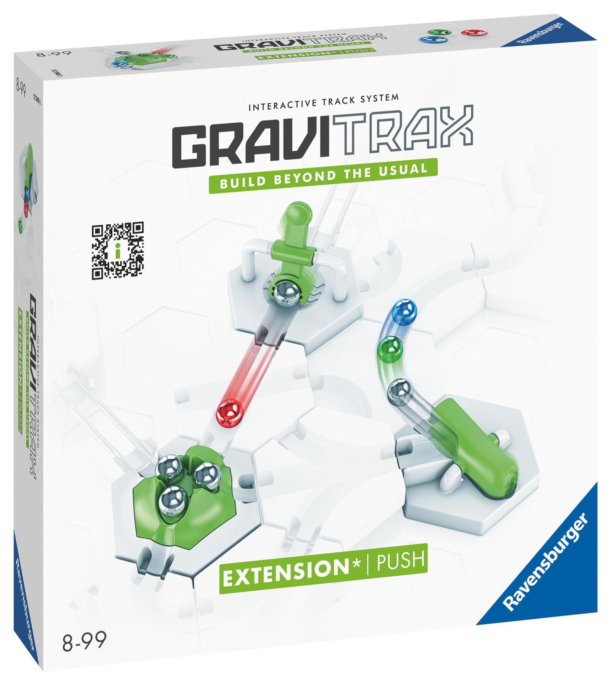 Gravitrax interaktives Streckensystem, Karton zeigt einen Streckenaufbau mit silbernen Kugeln und grünen Elementen.