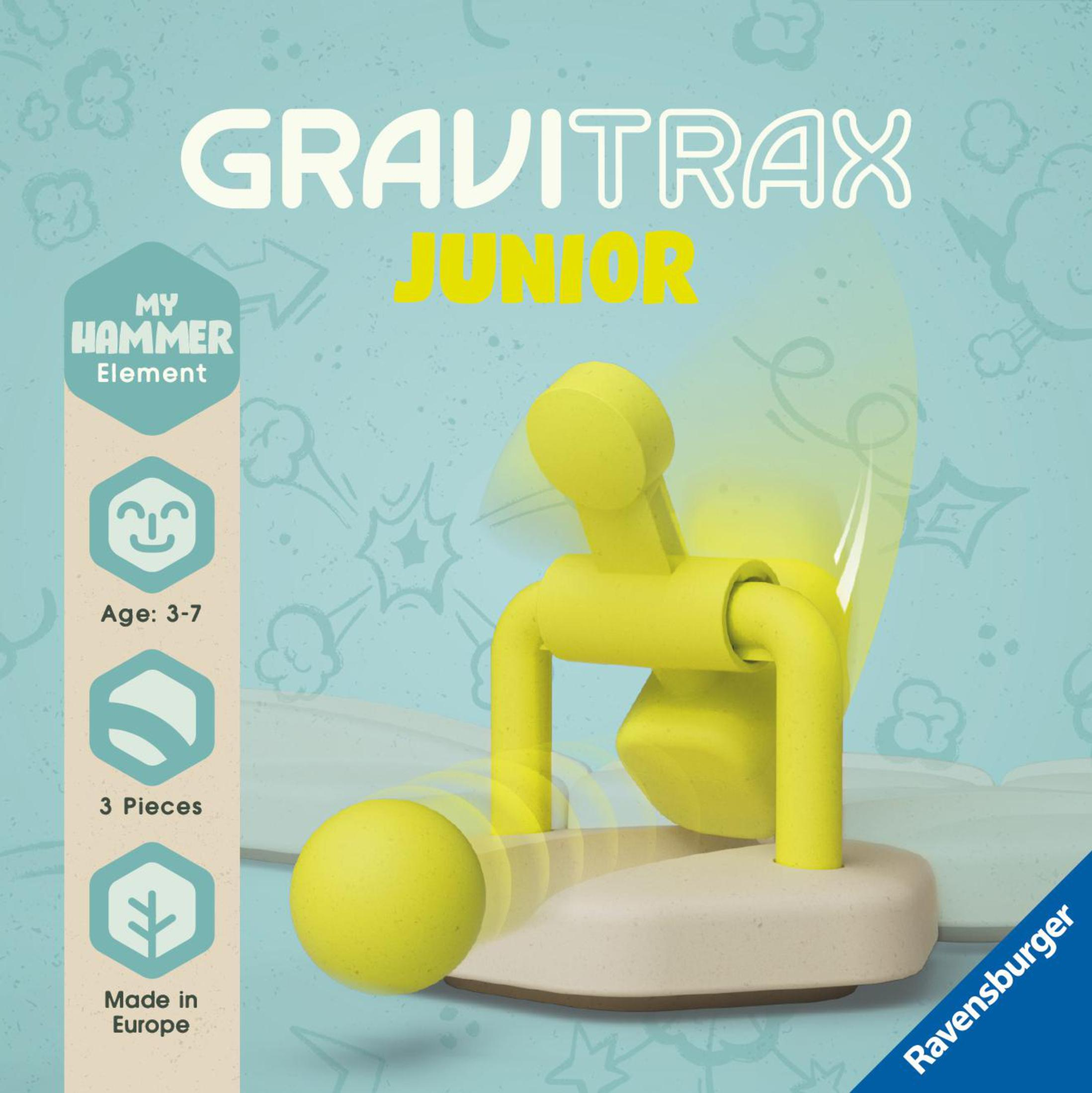 Ein gelbes Gravitrax Junior Spielzeug mit Kugel und Basis, vor buntem Hintergrund.