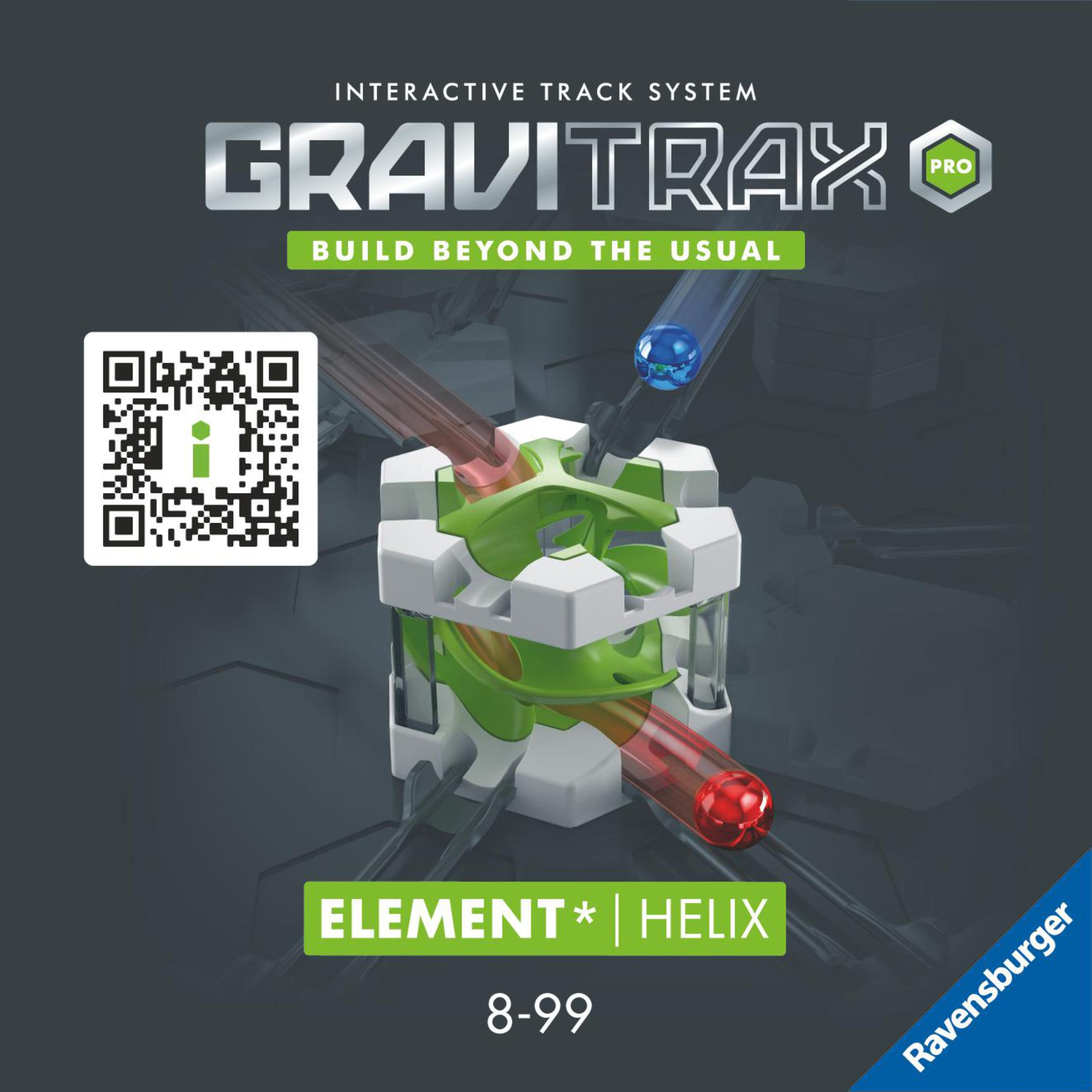 Élément de jouet Gravitrax : une hélice verte avec une boule rouge et bleue. La boîte dit 'Build Beyond the Usual'.