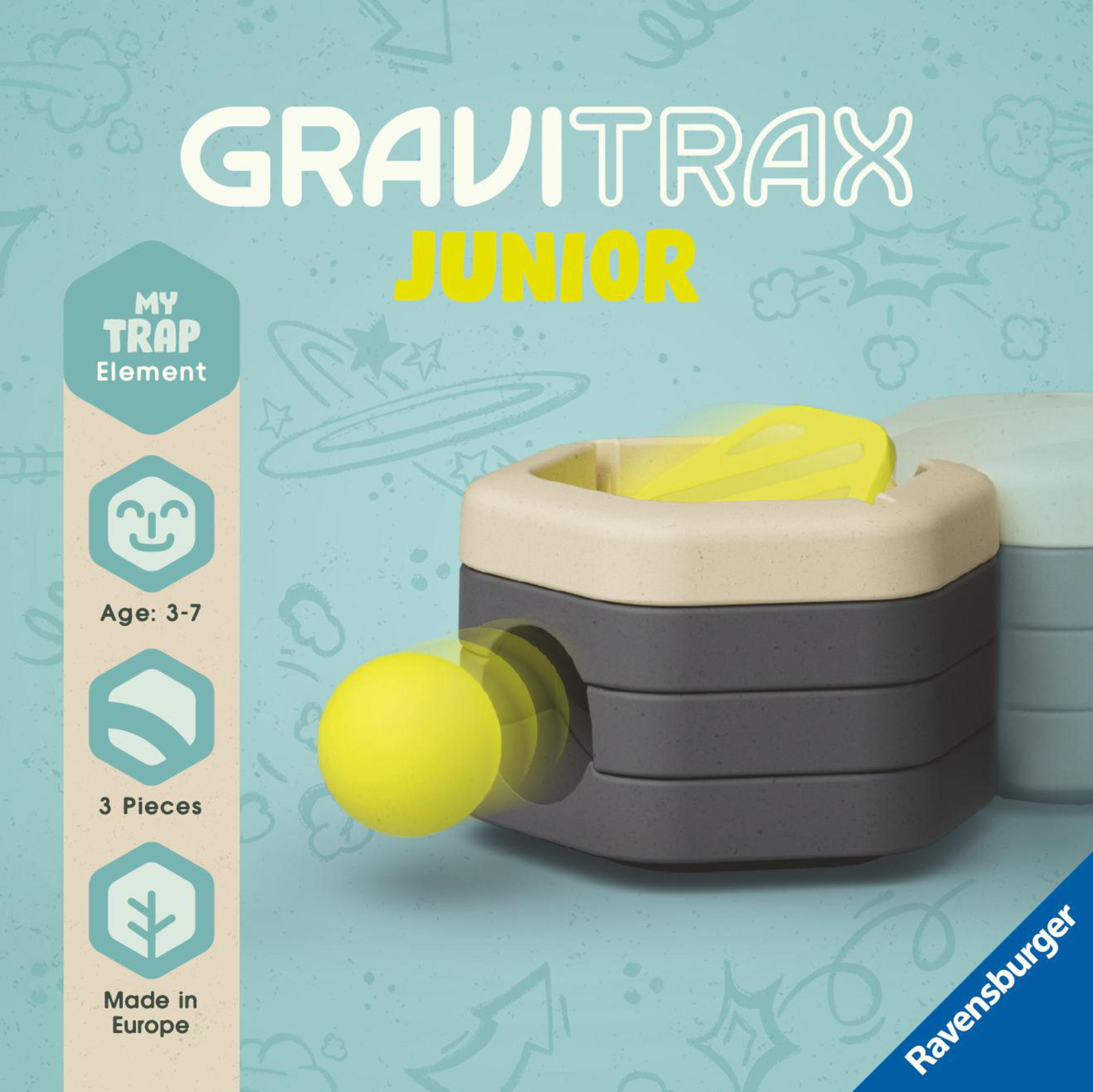 Gravitrax Junior Box mit gelbem Ball und Fallelement. Text an der Seite.