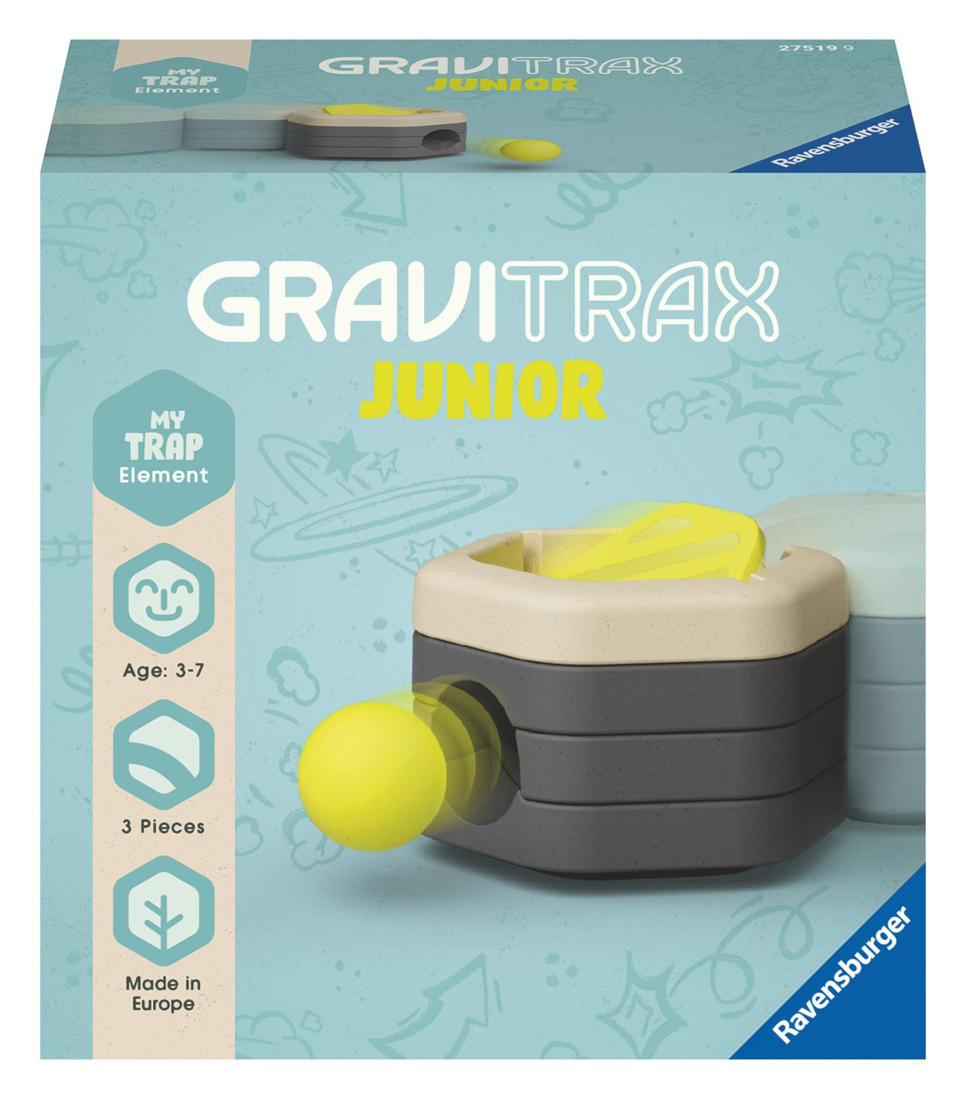 Eine Gravitrax Junior Box mit gelbem Ball, die das Spielzeug mit drei Teilen zeigt.