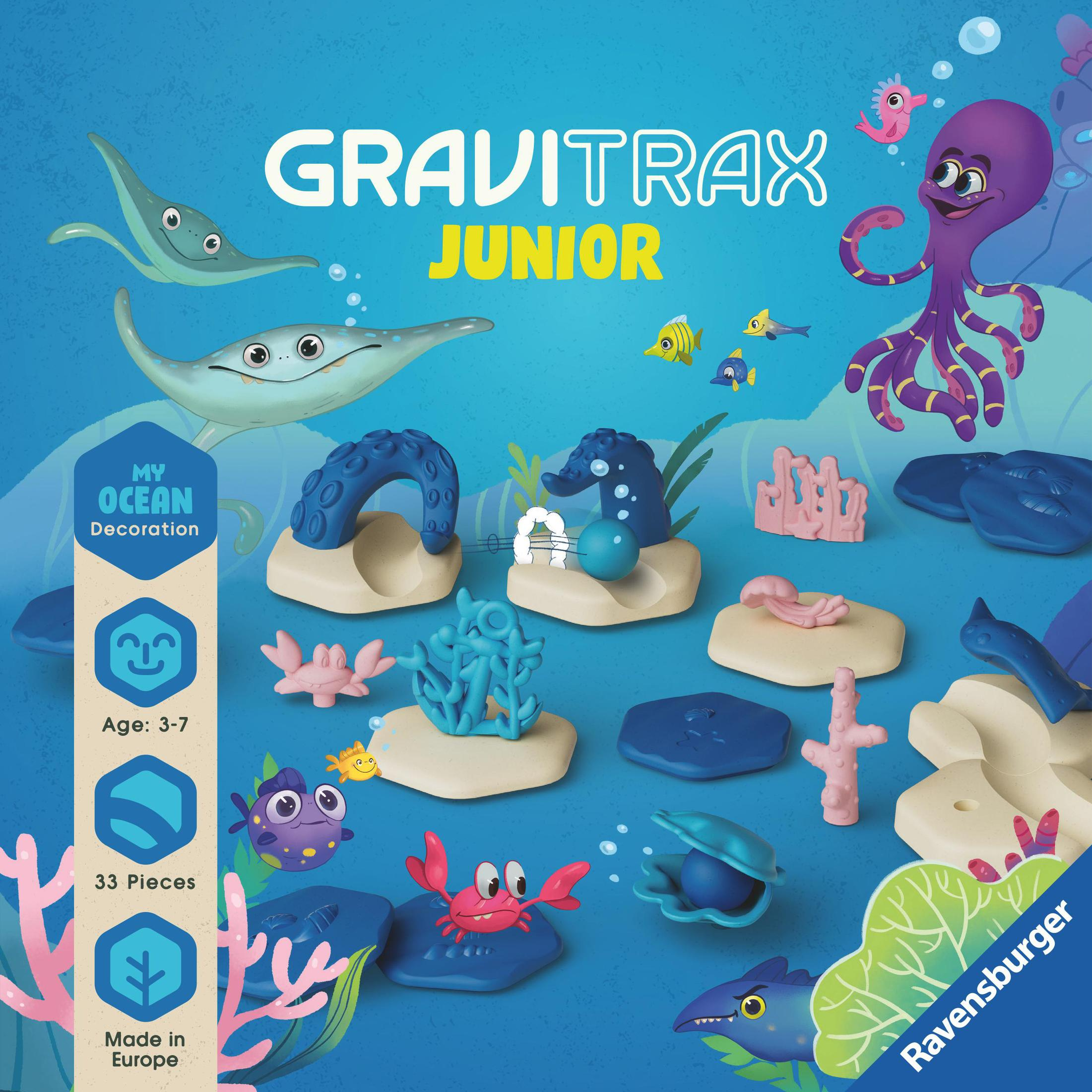 Ravensburger Gravitrax Junior Set mit verschiedenen Bausteinen und Dekorationen zum Thema Meeresbewohner.