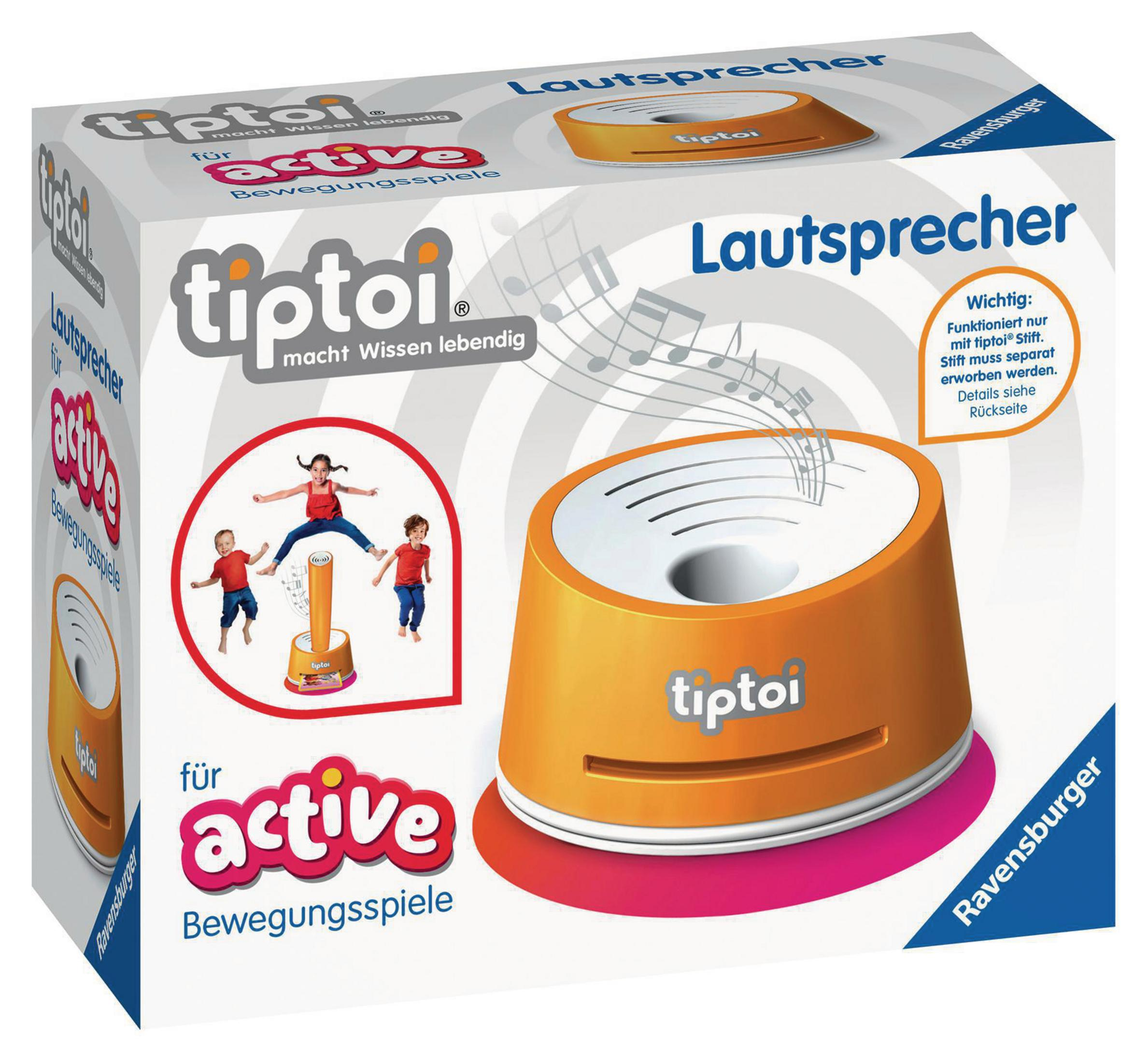 Schachtel eines Spielzeuglautsprechers. Die Schachtel hat Bilder von spielenden Kindern und Text in mehreren Sprachen.