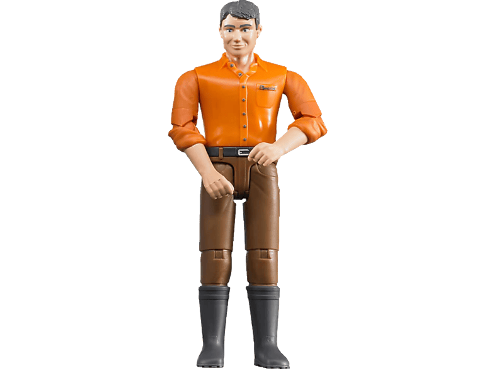 Figurka rolnika w pomarańczowej koszuli, brązowych spodniach i czarnych butach. Ma krótkie włosy.