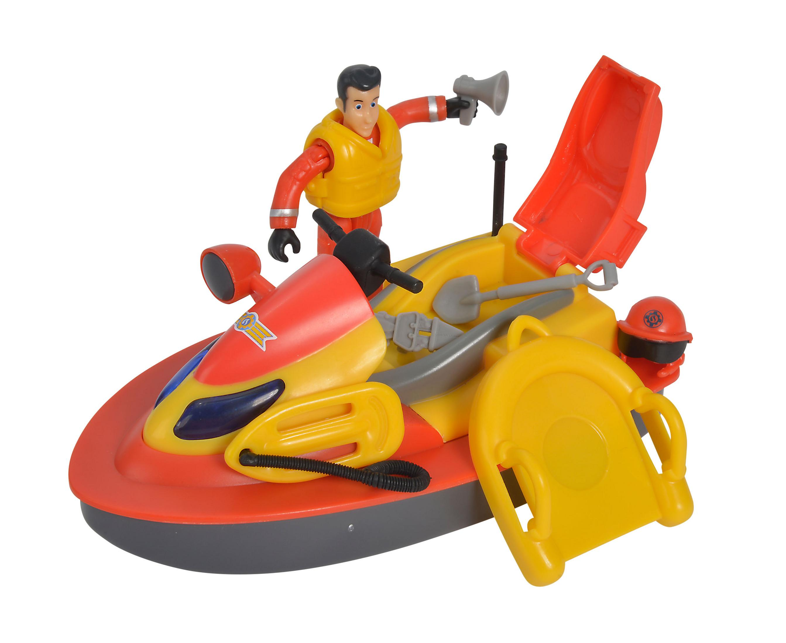 Feuerwehrmann-Spielzeugboot mit Figuren und Ausrüstung.