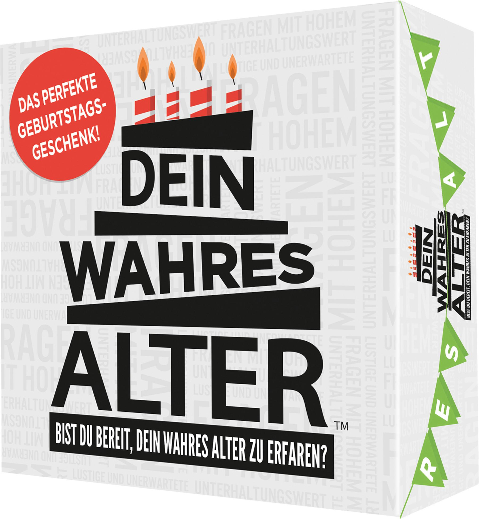 Box mit Geburtstagskuchen oben, Text 'DEIN WAHRES ALTER' und 'Das perfekte Geburtstags-Geschenk!'