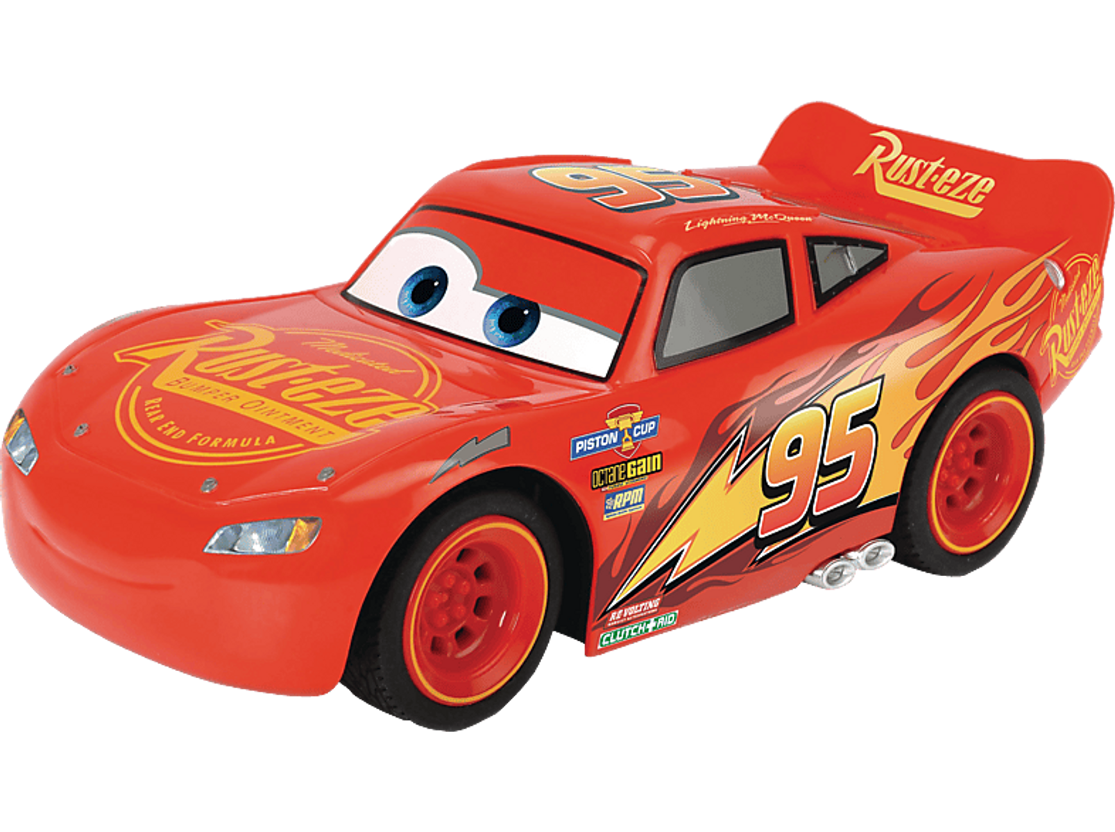 Coche de juguete rojo Lightning McQueen con una gran sonrisa. Fondo blanco.