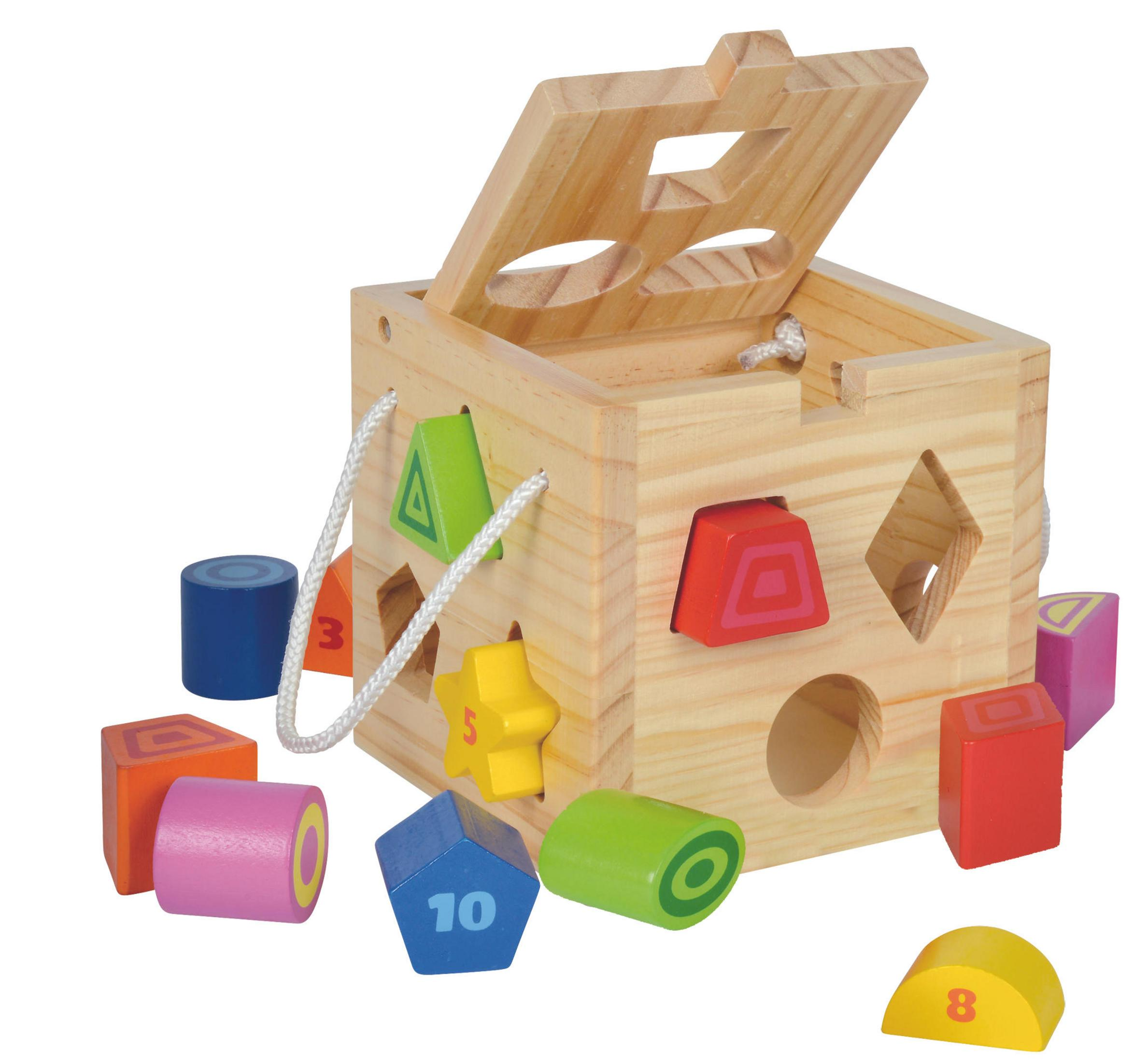 Holz-Formensortierspielzeug mit verschiedenfarbigen Formen und Deckel.