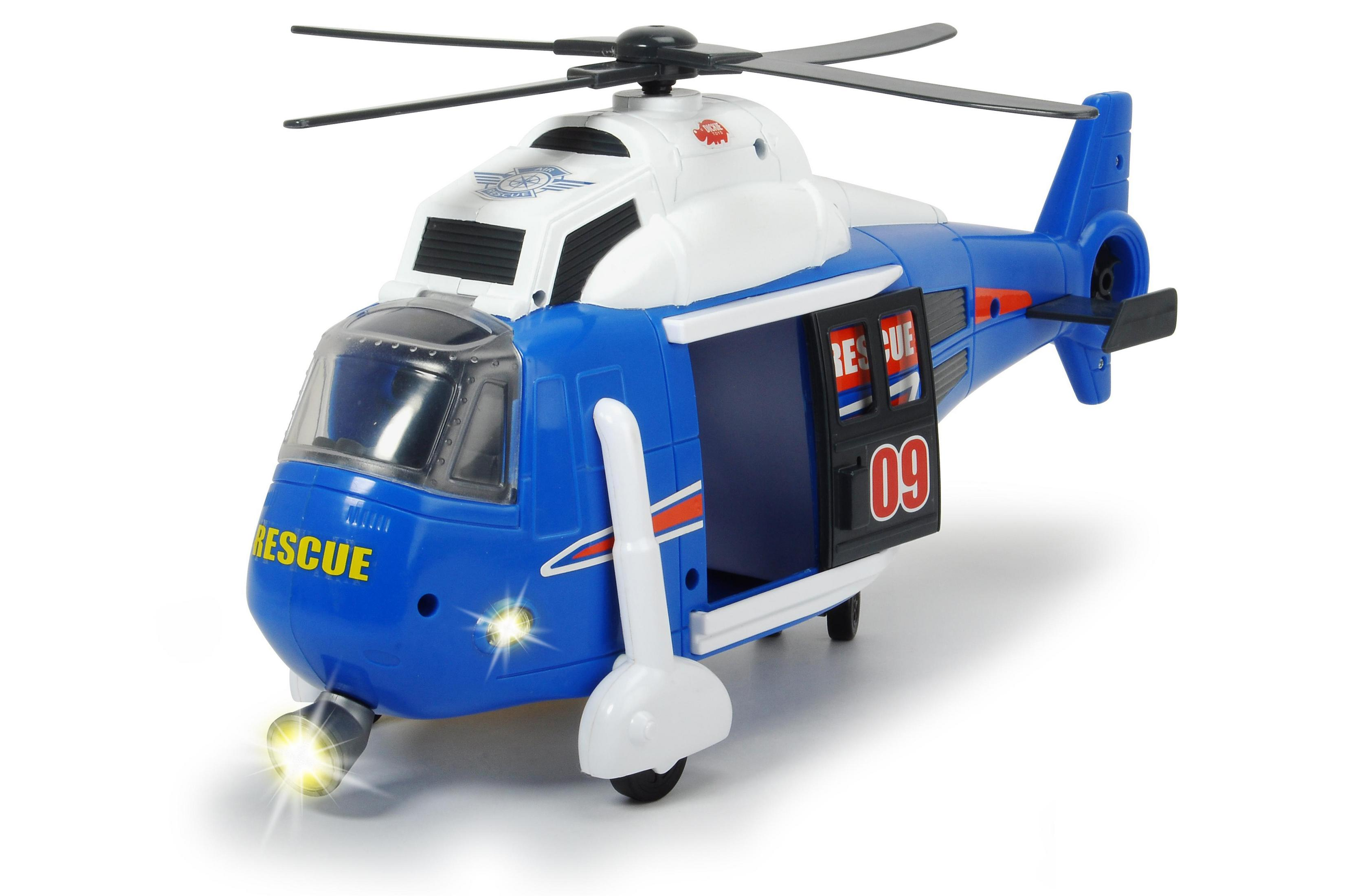 Ein blau-weißer Spielzeug-Hubschrauber mit dem Wort RESCUE und der Nummer 09.