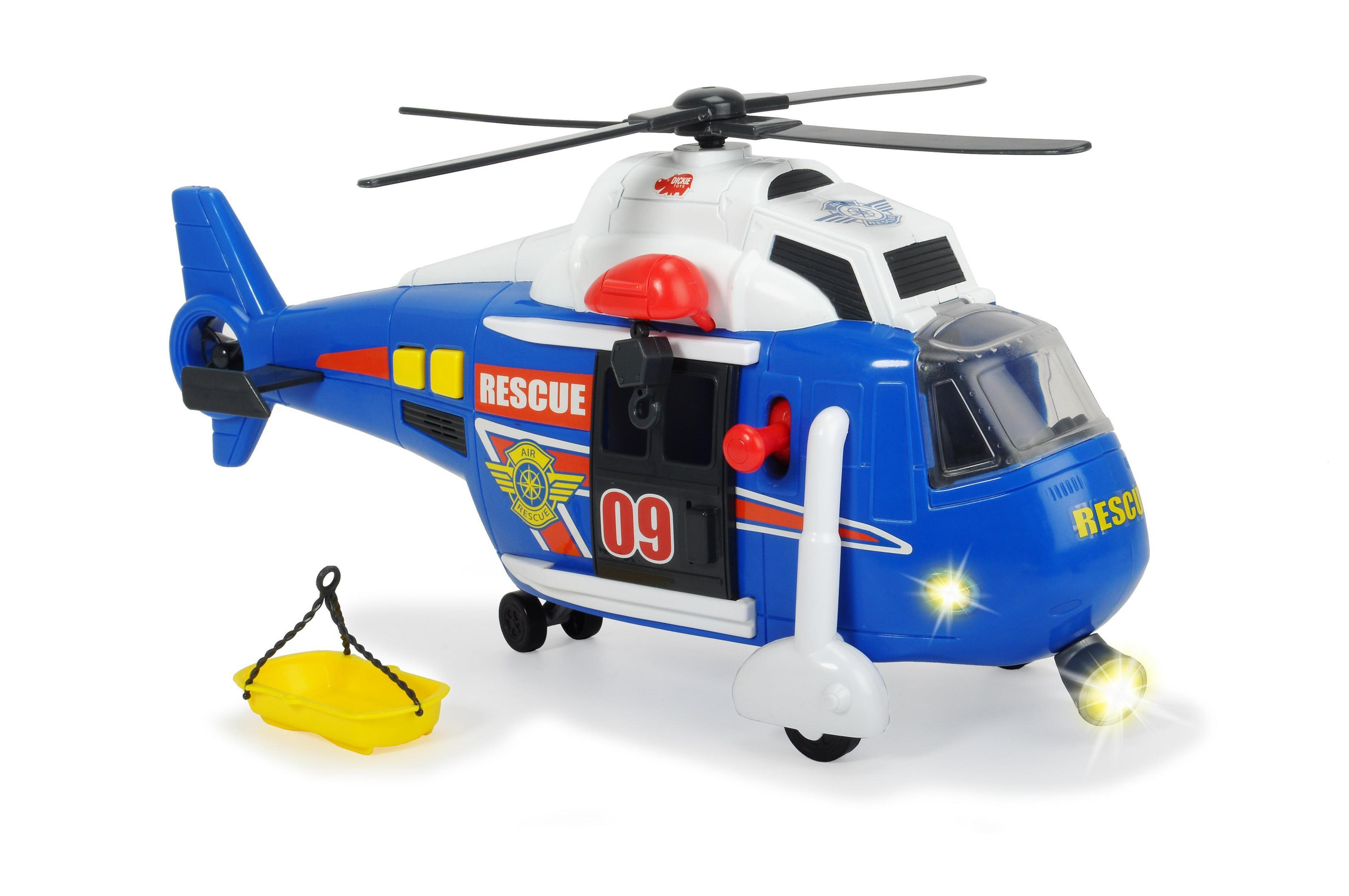 Blau-weißer Spielzeug-Hubschrauber mit Rettungsmarkierungen und gelbem Rettungskorb. Weißer Hintergrund.
