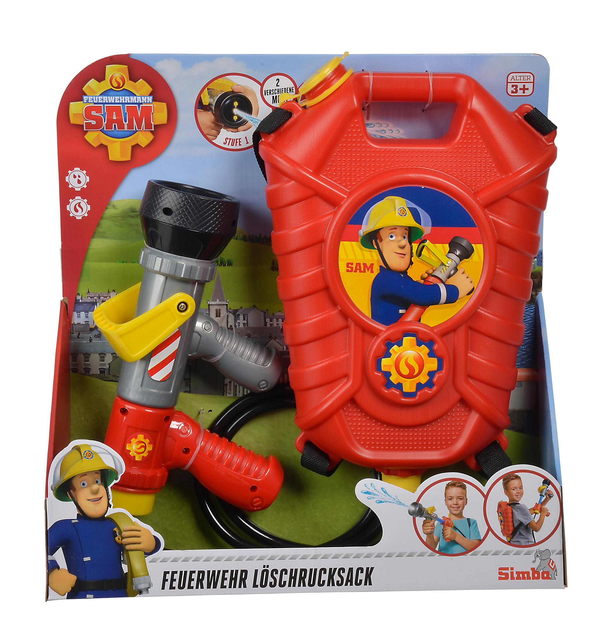Feuerwehrmann Sam Spielset mit rotem Wassertank, Schlauch und Feuerwehrmannfigur.