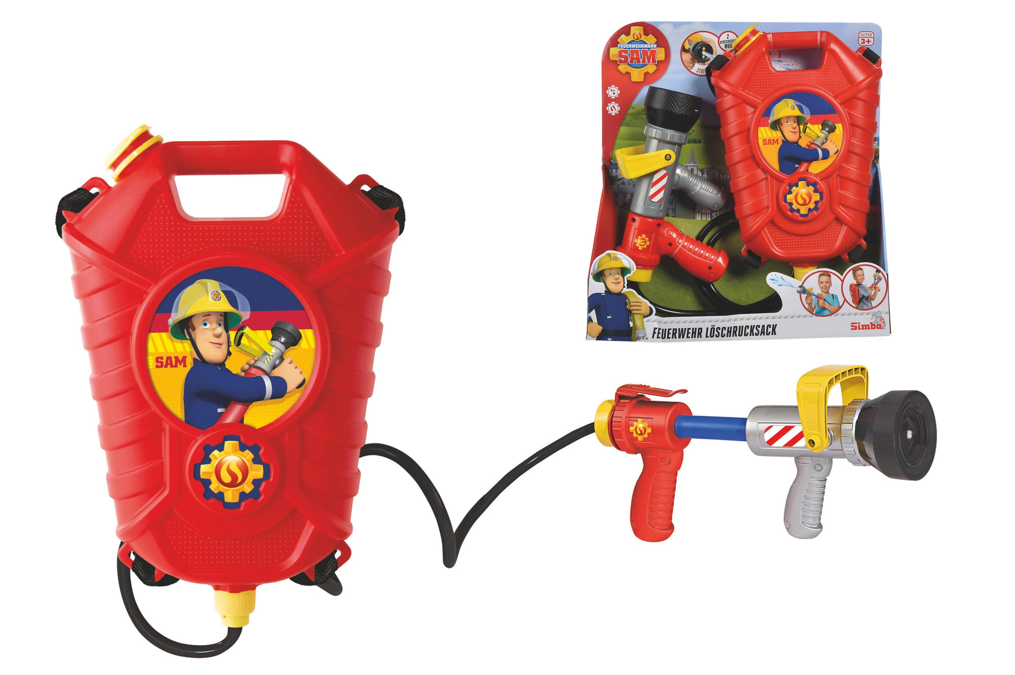 Feuerwehrmann Sam Wasserspritzen-Spielzeugset. Roter Wassertank am Rücken, Pistole und Verpackung mit Sam.