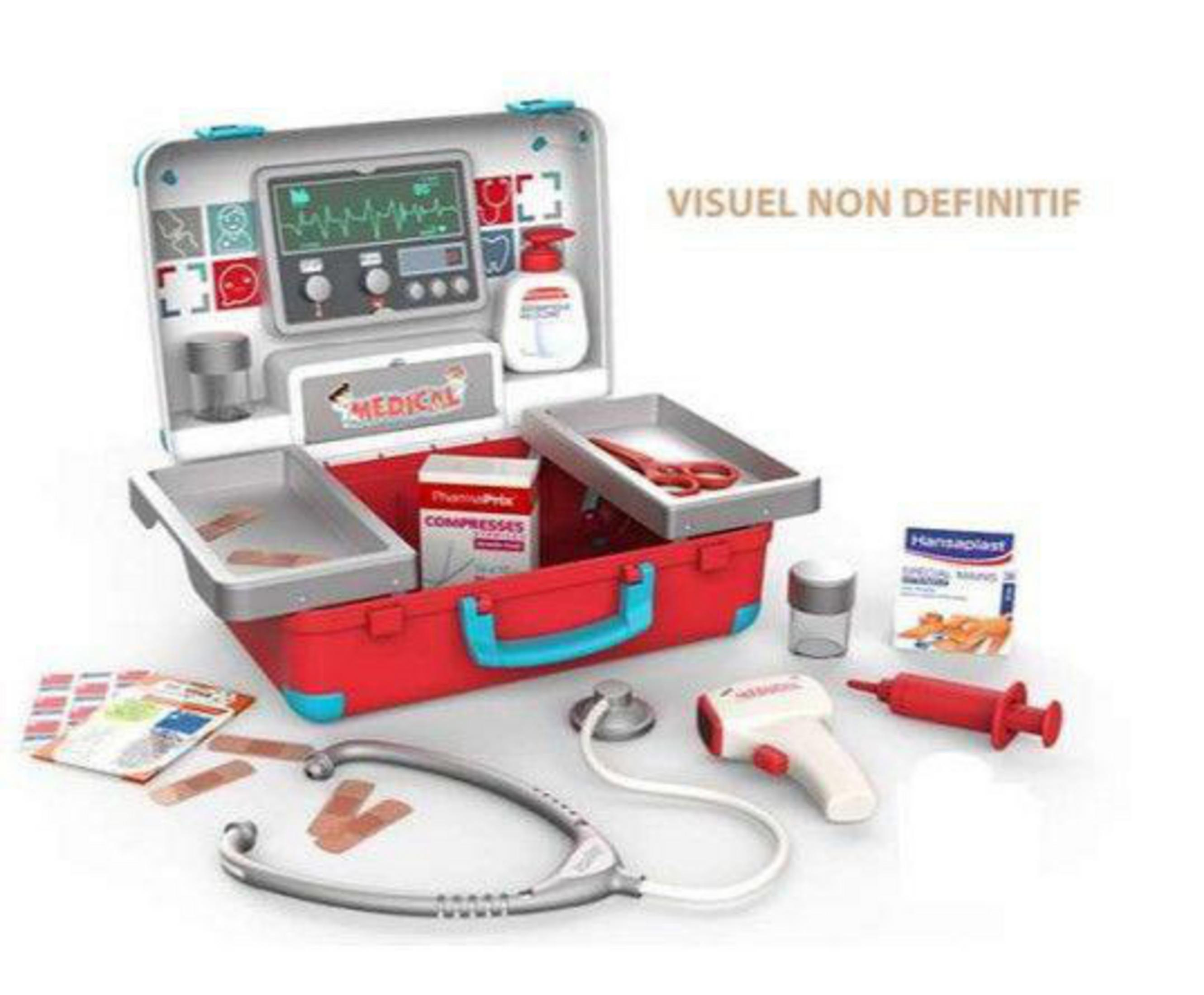 Un kit de juguetes médicos con varias herramientas y elementos sobre un fondo blanco.