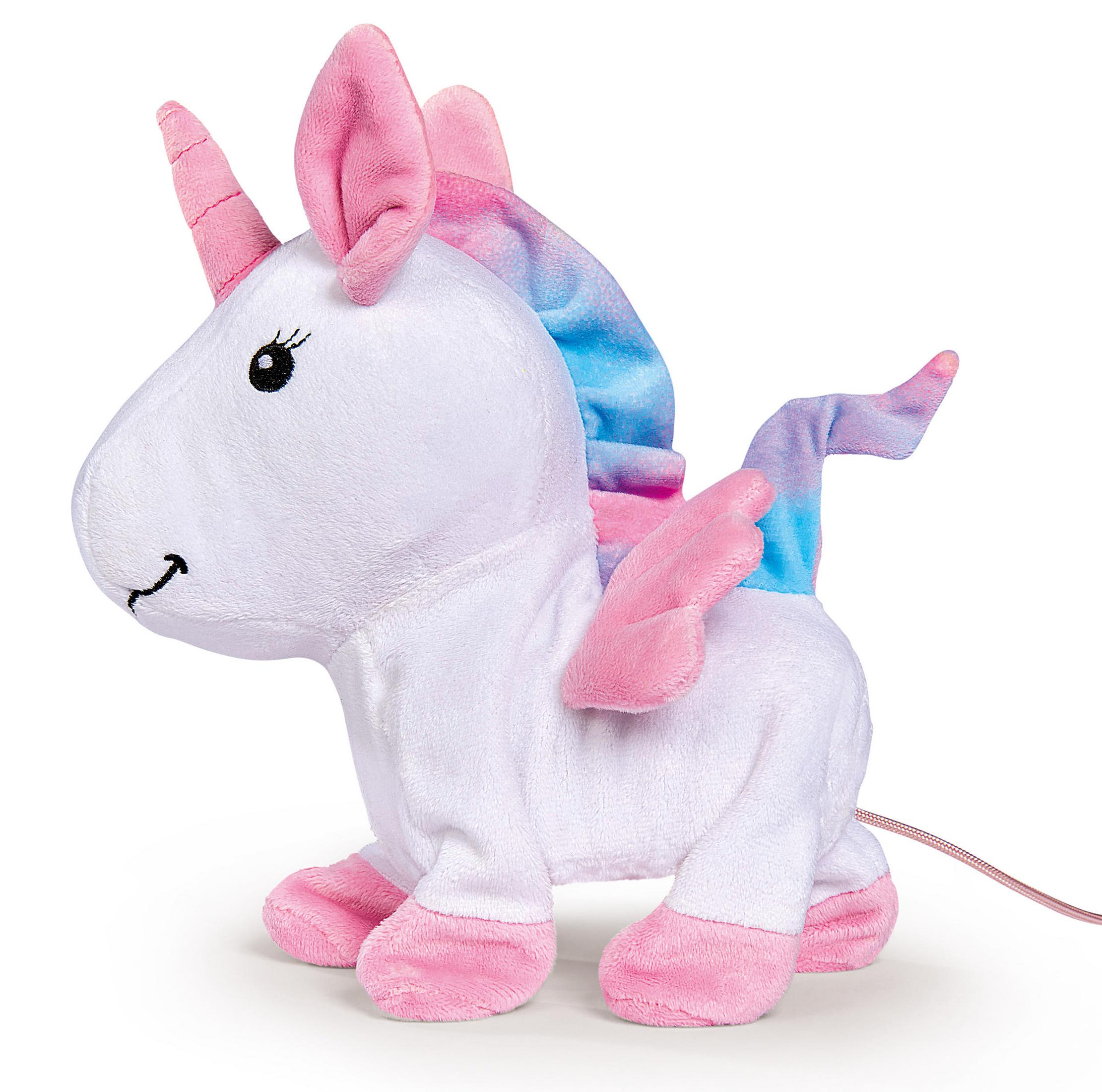 Weißes Einhorn-Spielzeug mit rosa und blauen Details. Sitzposition.