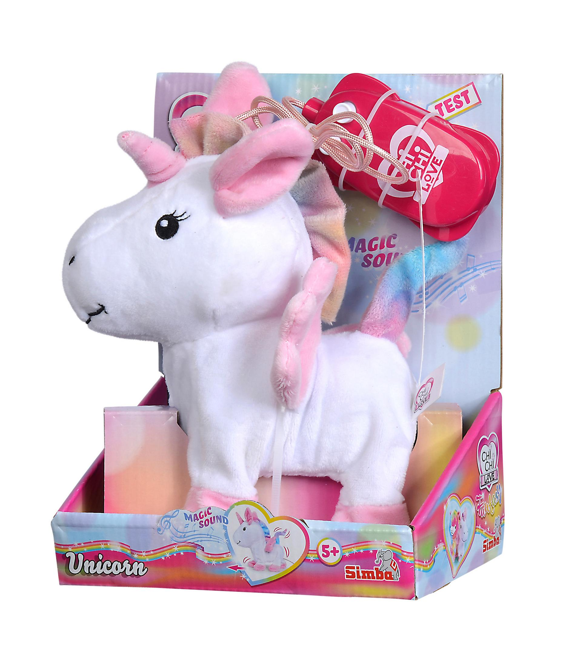 Ein weißes Einhornspielzeug mit Regenbogenmähne und -schwanz. Es sitzt in einer Displaybox mit der Aufschrift 'Unicorn'.