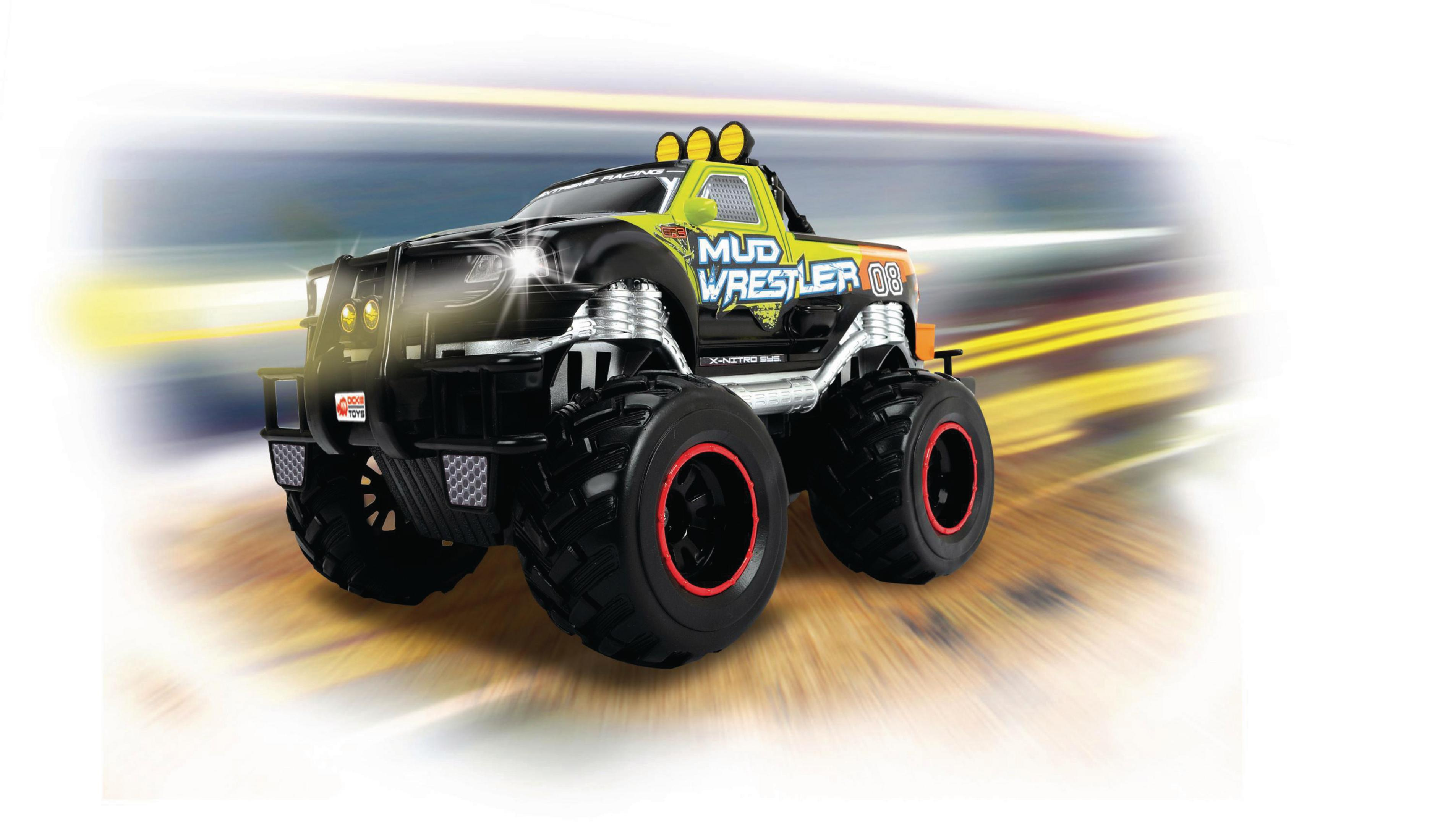 Schwarzes und gelbes Monstertruck-Spielzeug. Der Hintergrund zeigt einen verschwommenen Geschwindigkeitseffekt.