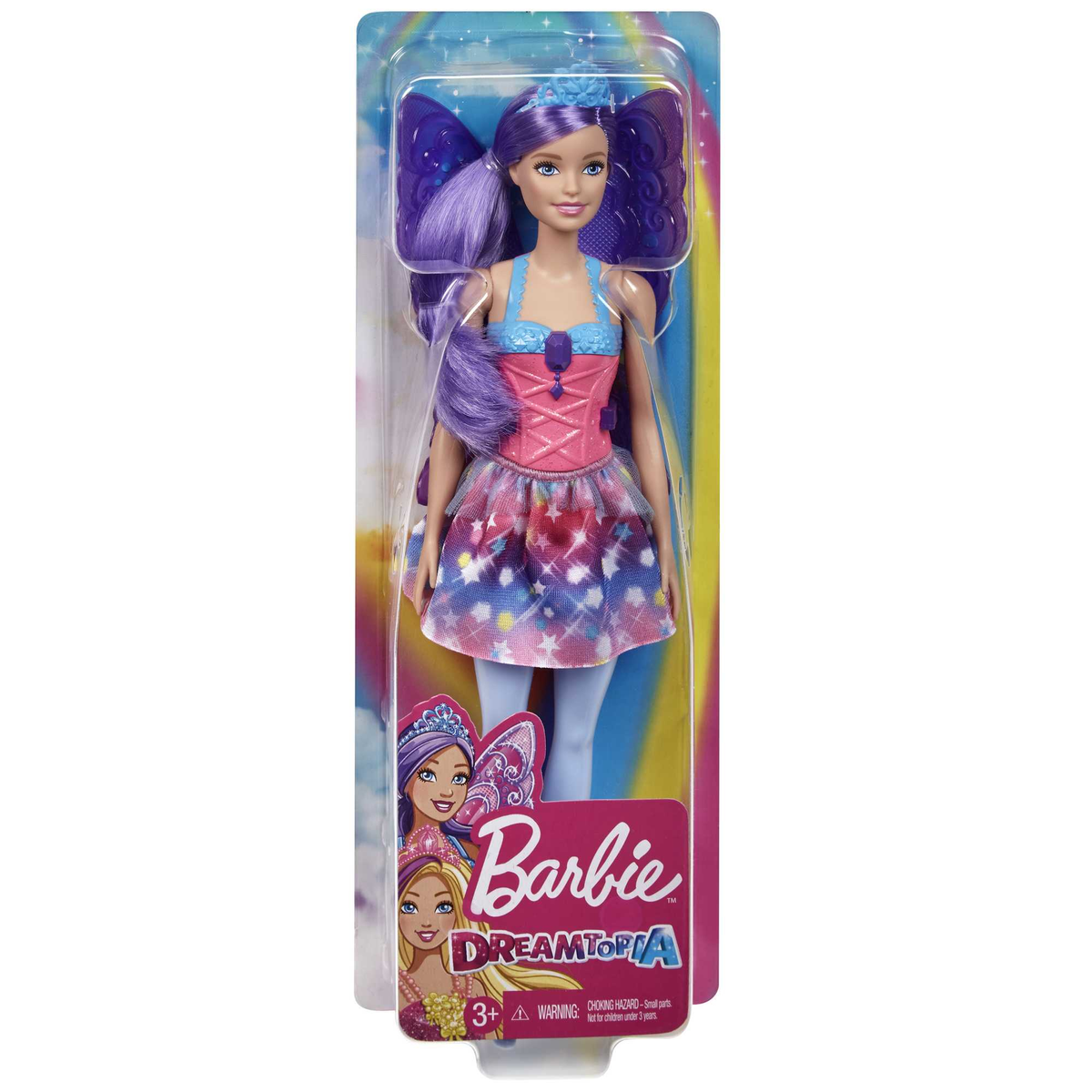 Barbie Dreamtopia Puppe in einer Verpackung. Lila Haare, farbenfrohes Kleid und Verpackung.