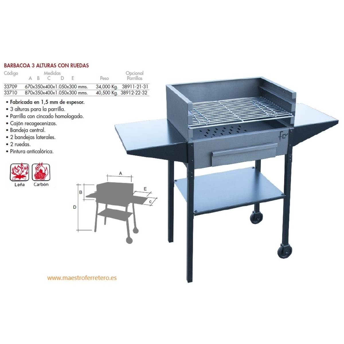 Una parrilla de barbacoa de metal con una mesa y un estante. Tiene una zona de carbón y ruedas.