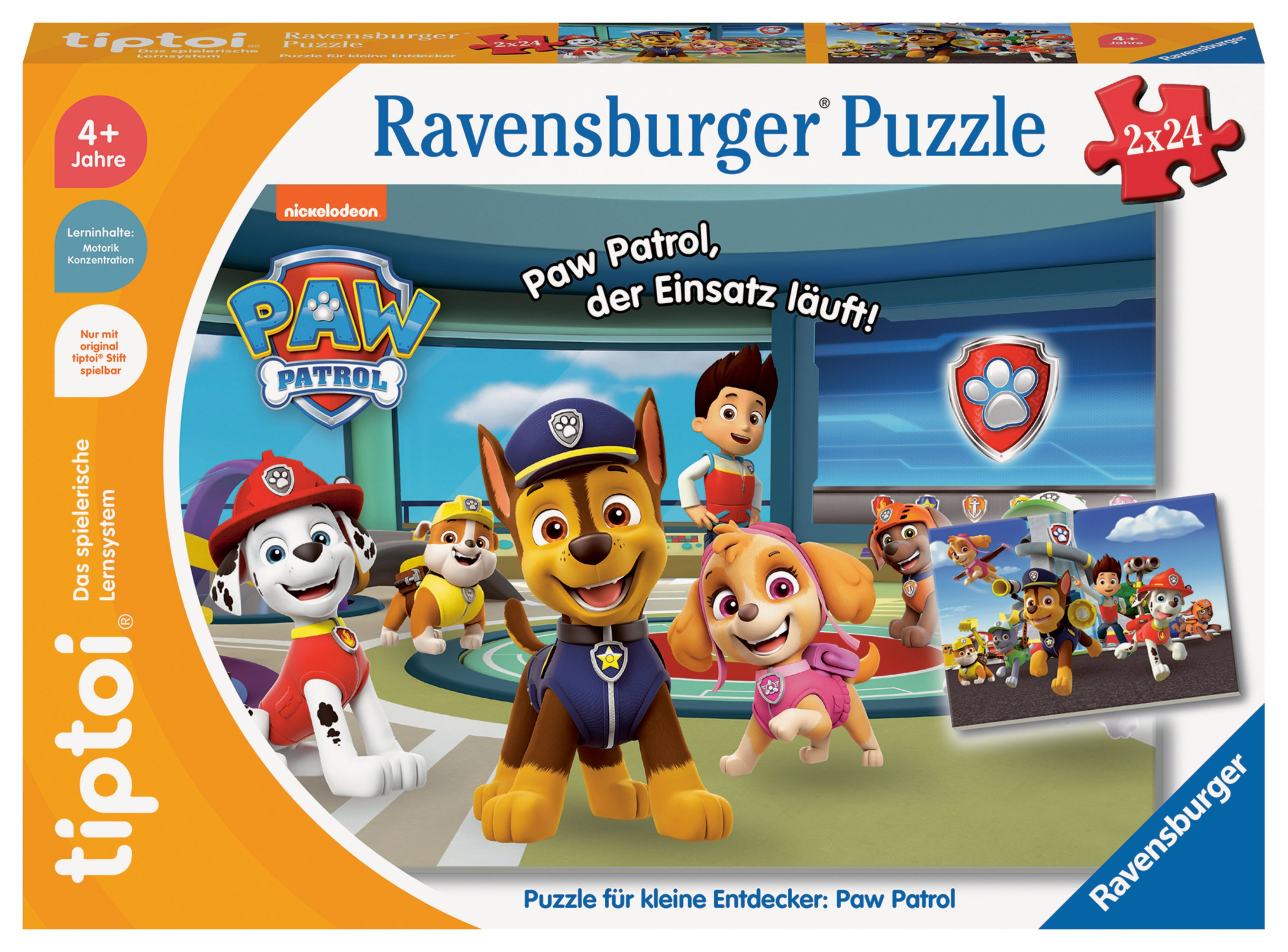 Pudełko z puzzlami Paw Patrol z postaciami z kreskówek i czerwoną układanką z logo.