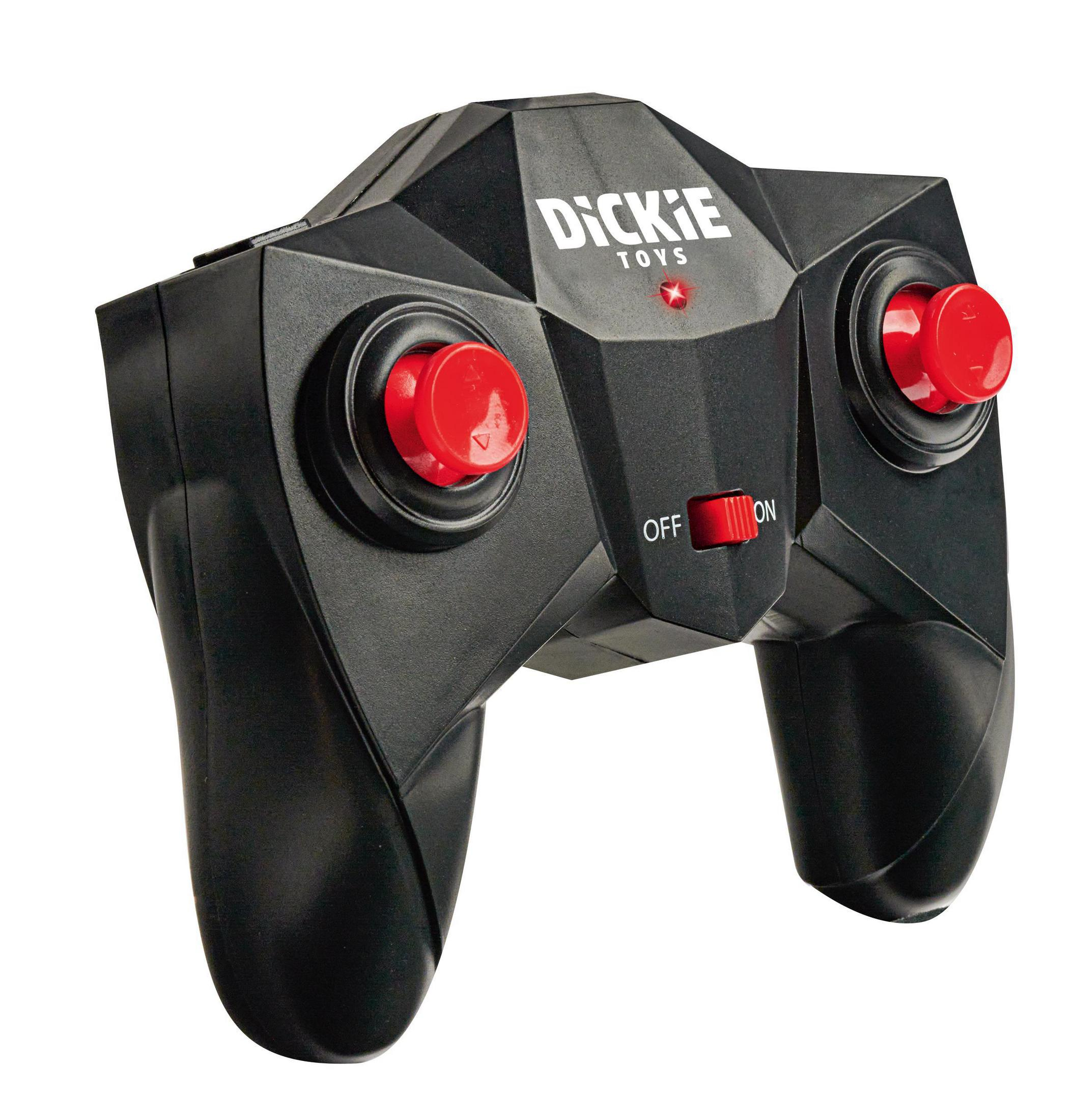 Ein schwarzer Spielzeug-Controller mit roten Knöpfen, beschriftet mit 'DICKIE TOYS' und 'OFF ON'.