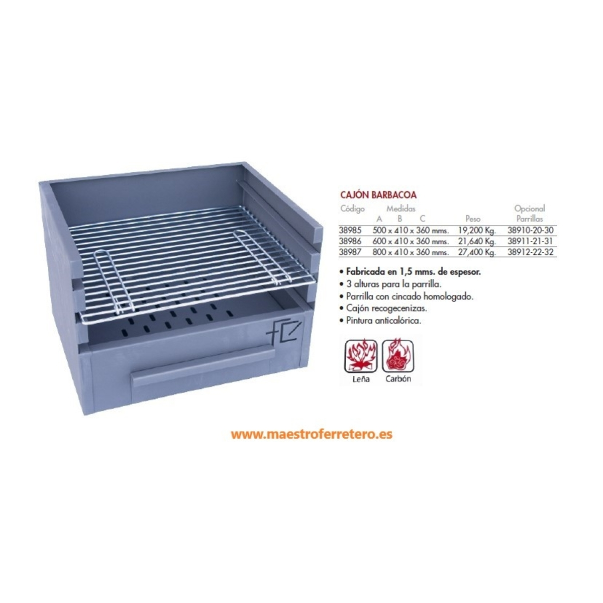Una parrilla de barbacoa de metal gris con una rejilla. Tiene forma rectangular con una tabla de datos.