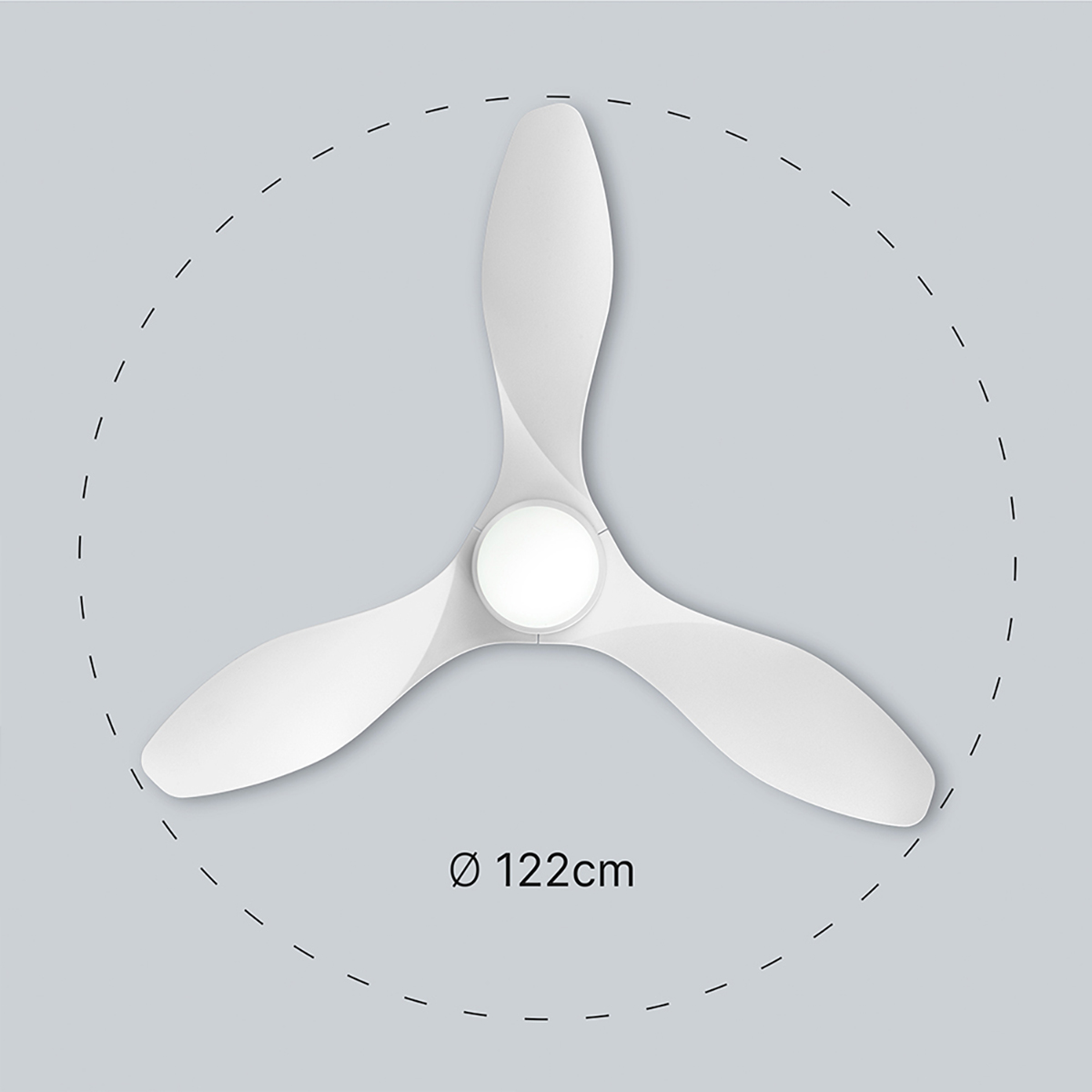 Wentylator sufitowy z trzema białymi łopatkami i centralnym światłem. Średnica 122cm na szarym tle.