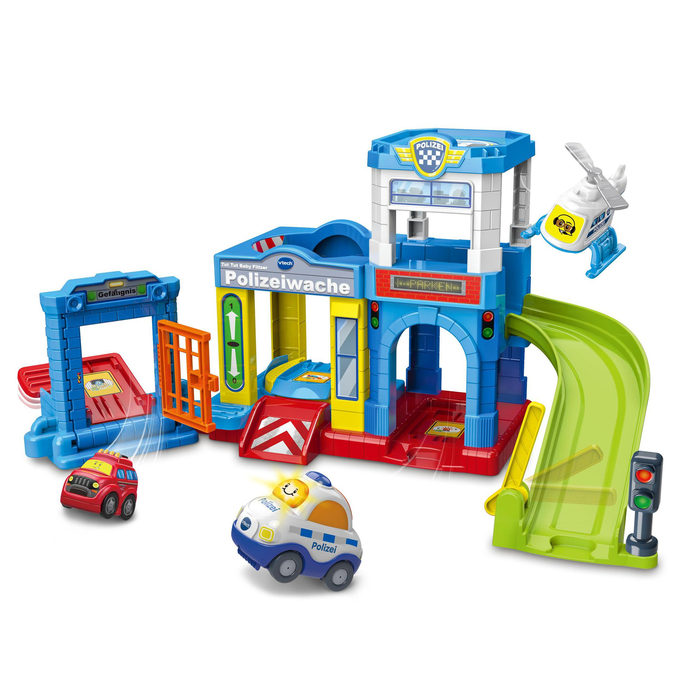 Spielzeug-Polizeistation mit Autos, Hubschrauber und rotem Tor. Buntes Design.