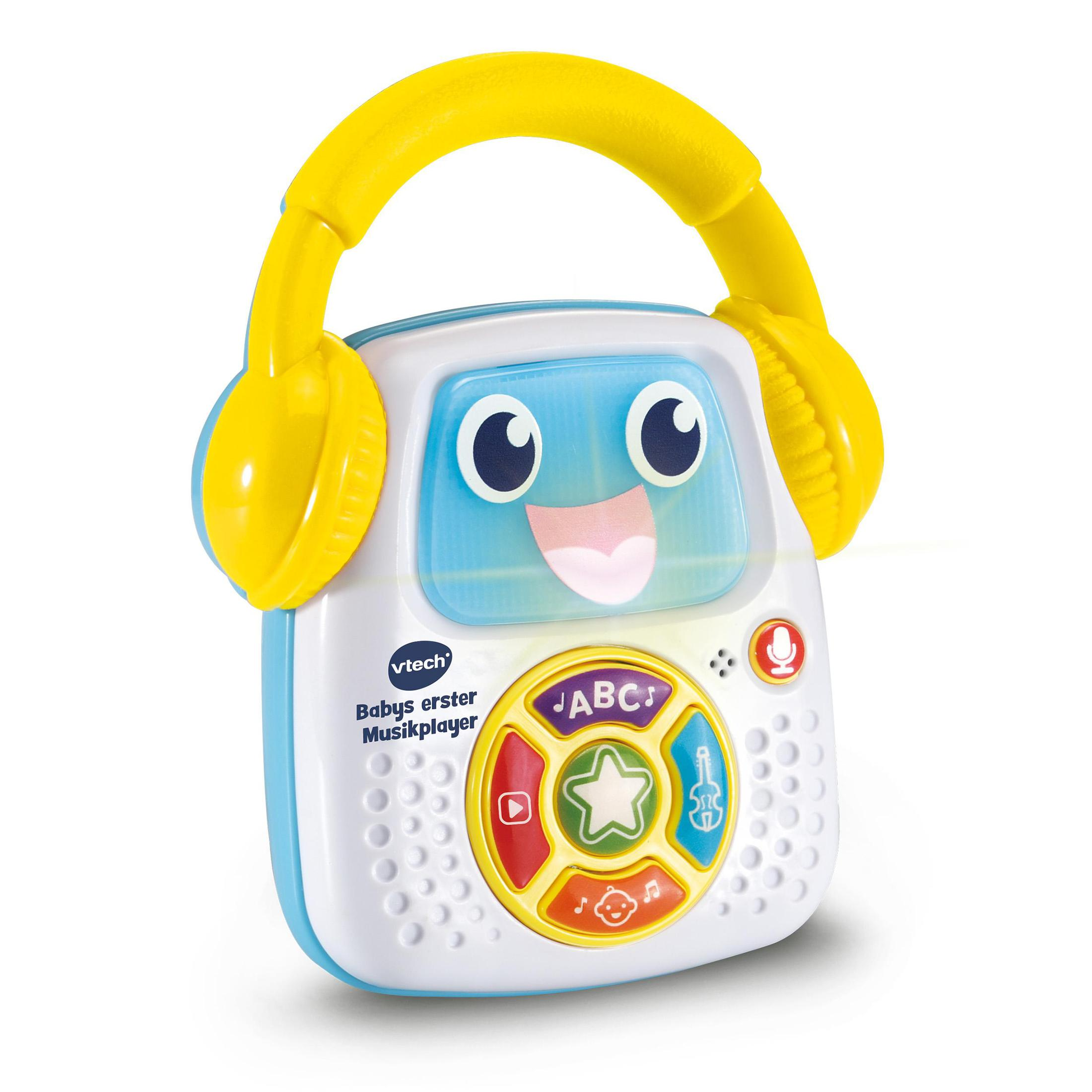 VTech Babymusik-Player mit fröhlichem Gesicht, Knöpfen und gelben Kopfhörern. Weiß.