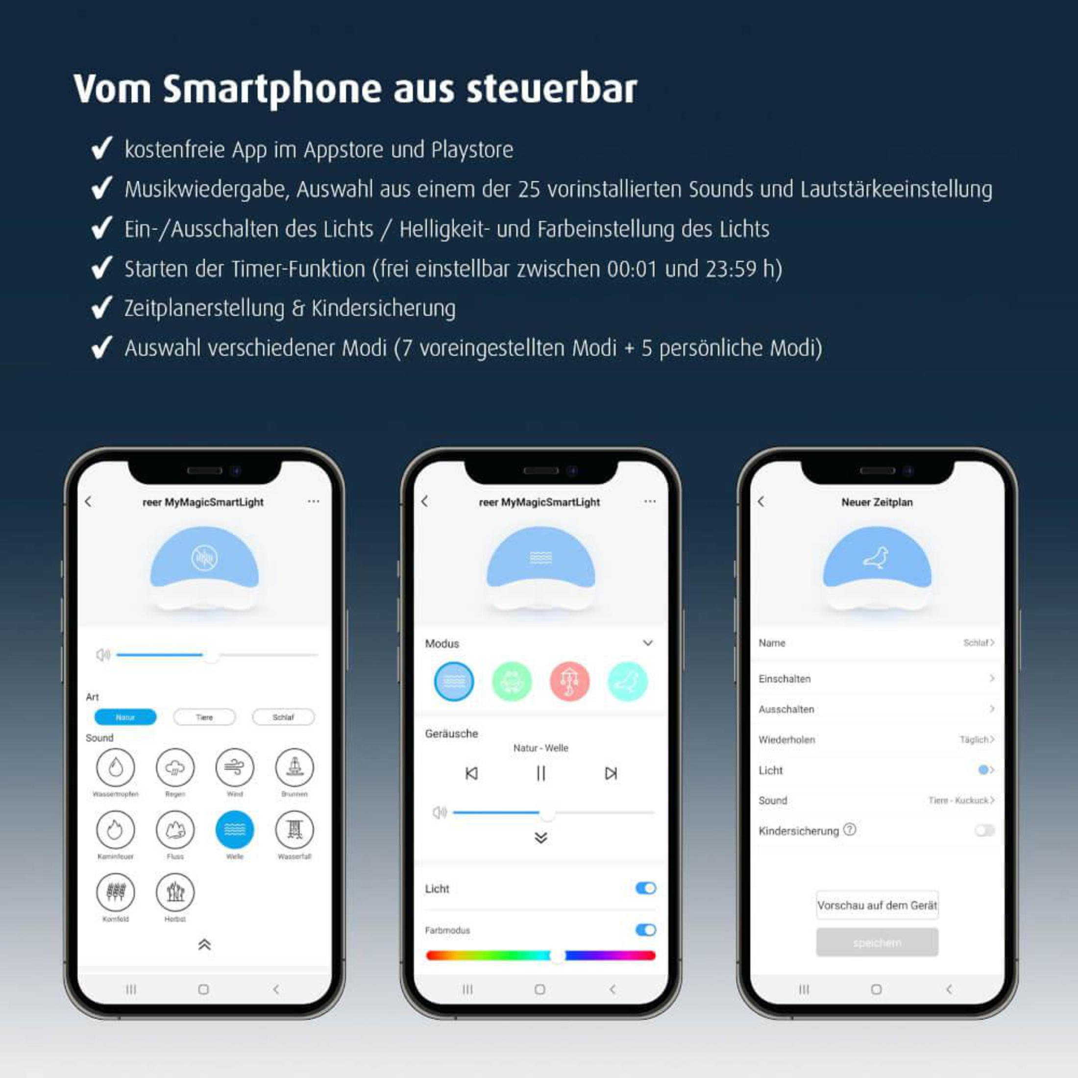 Drei Smartphone-Bildschirme, die App-Oberflächen anzeigen. Die App steuert Lichter und Töne.