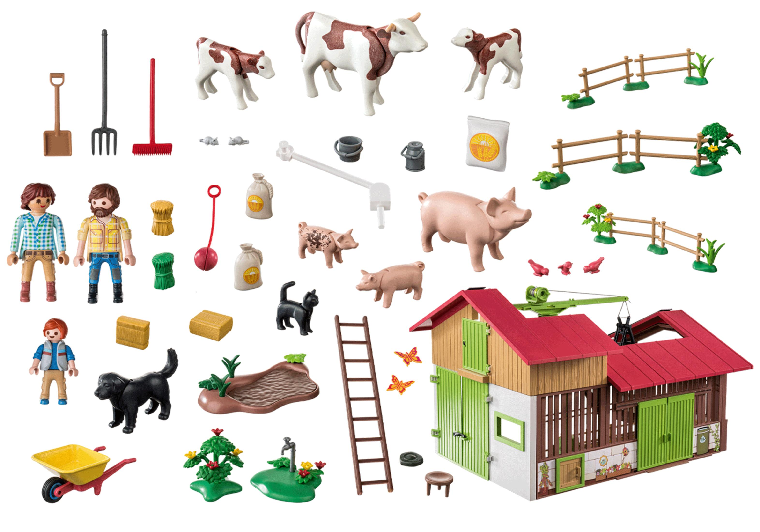 Bauernhof-Spielzeugset: Figuren von Bauern, Tieren und Hofstrukturen. Verschiedenes Zubehör für die Landwirtschaft.