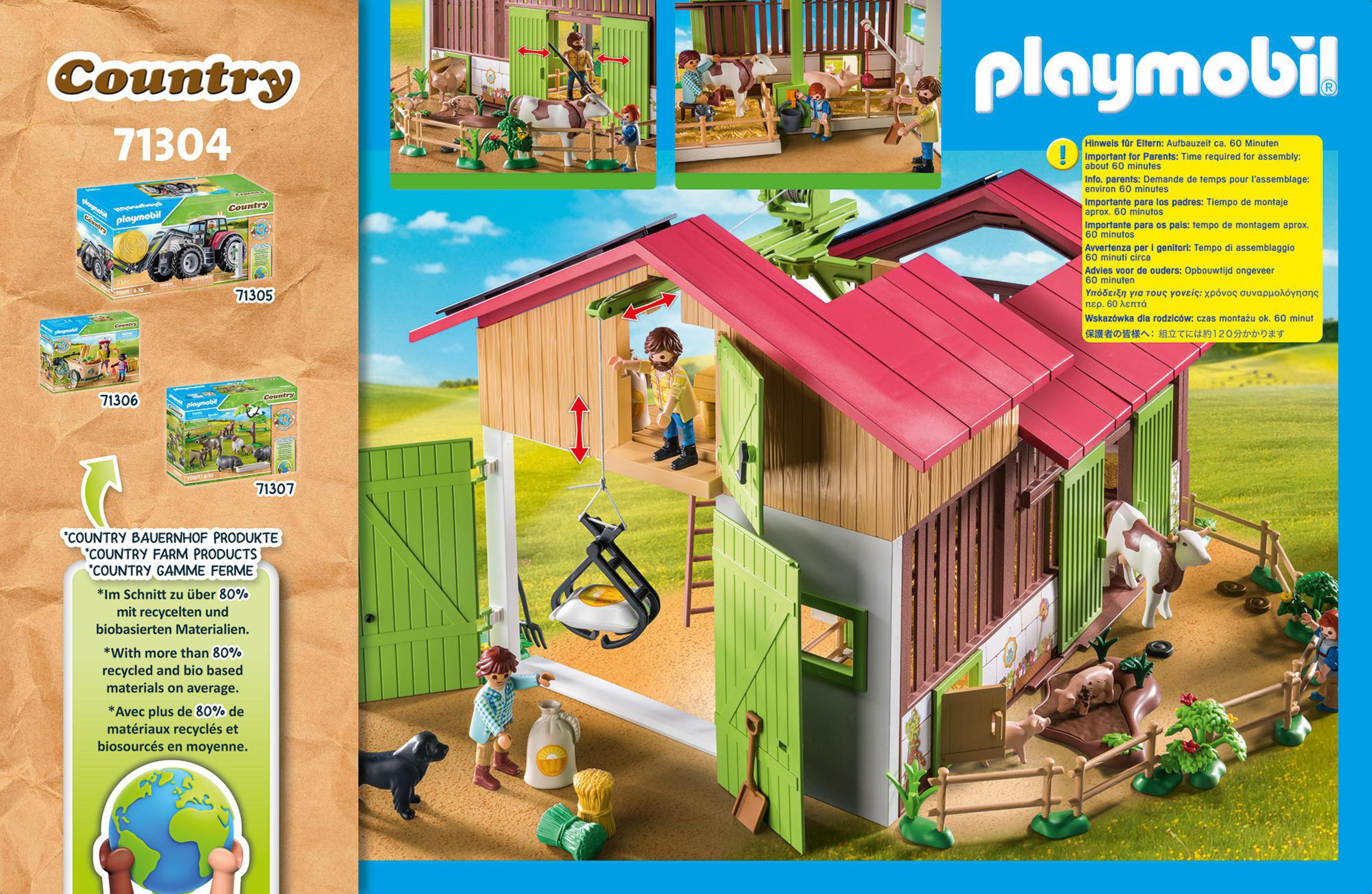 Playmobil-Box einer Bauernhofszene mit Figuren, Tieren und Gebäuden. Inklusive Details und Anweisungen.