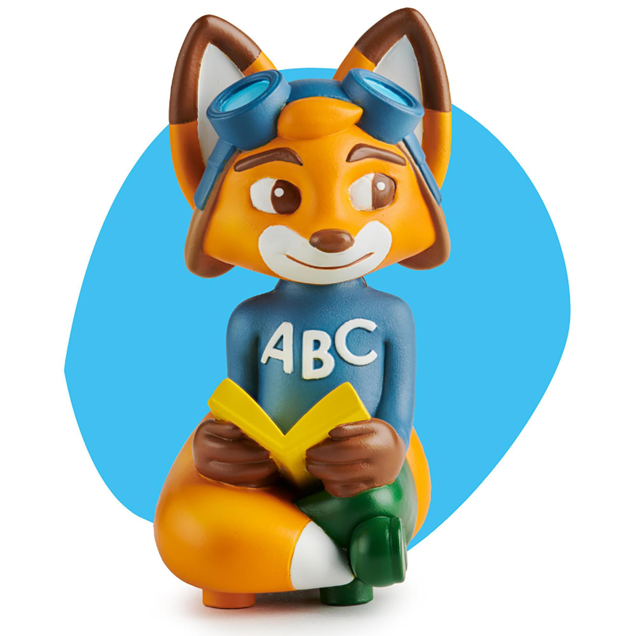 Fuchs-Cartoon-Figur liest ein gelbes Buch.
