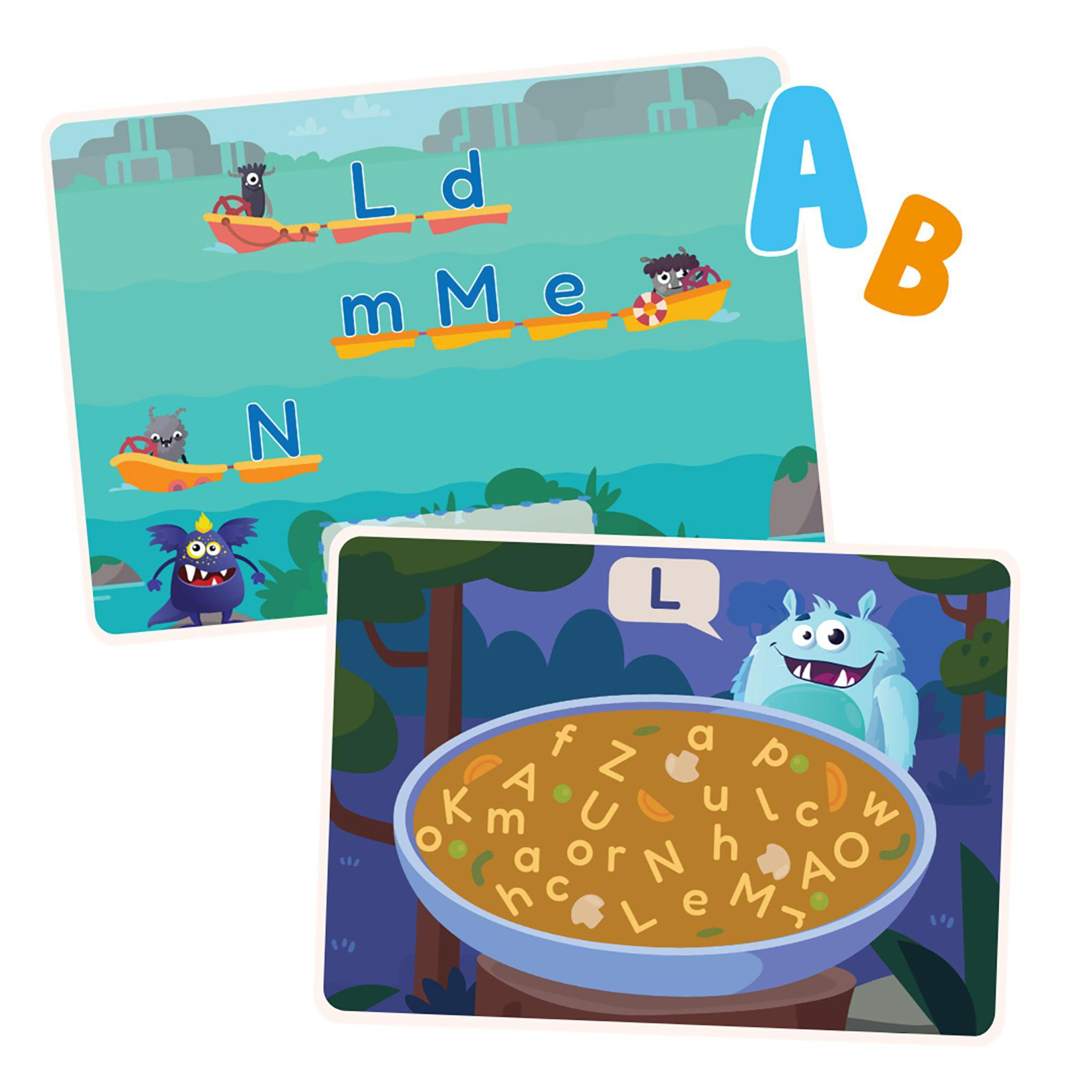 Zwei Karten mit Monstern, Buchstaben und einer Alphabet-Suppe.