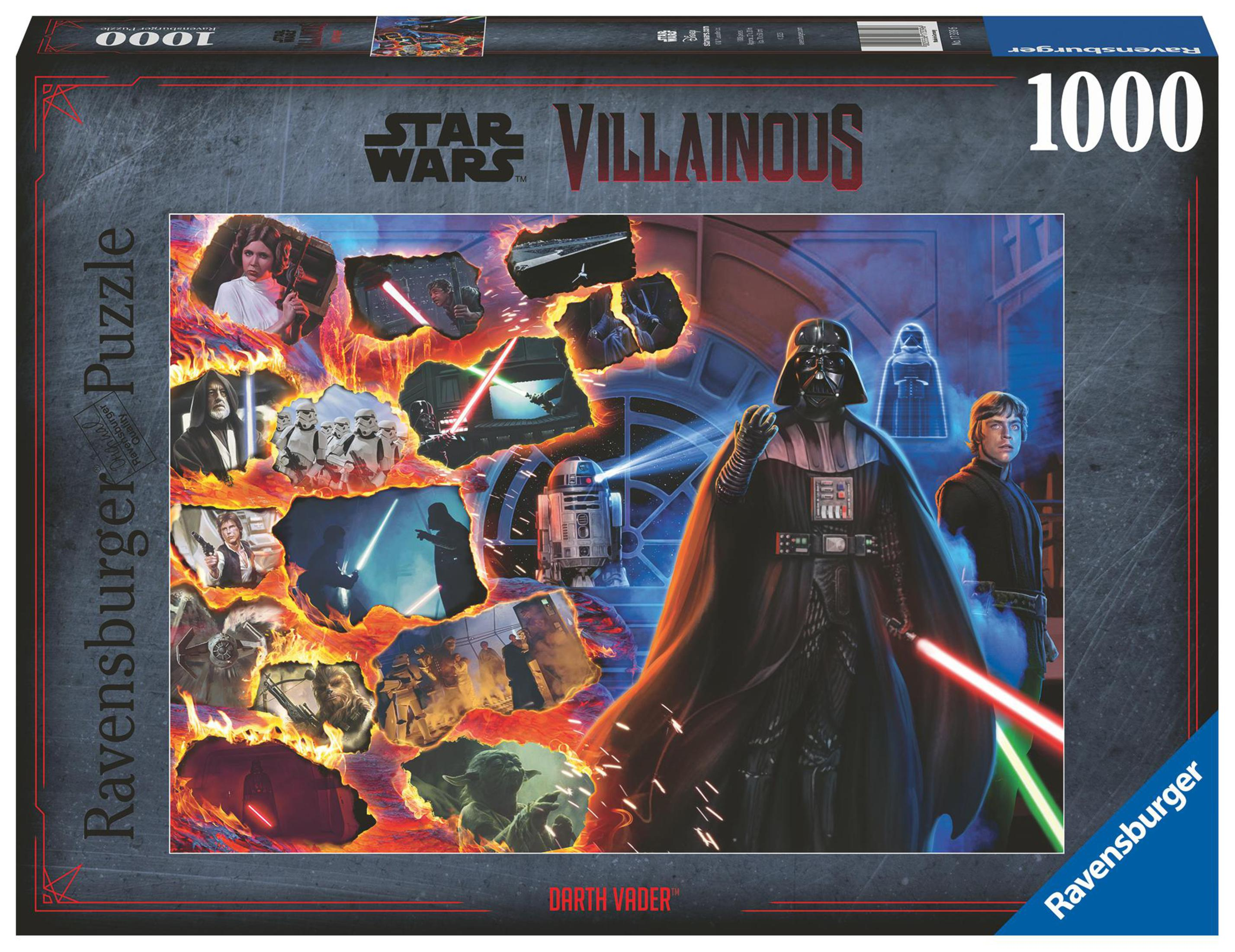 Pudełko z puzzlami Star Wars z Darthem Vaderem. Pokazano wiele postaci. Białe tło.