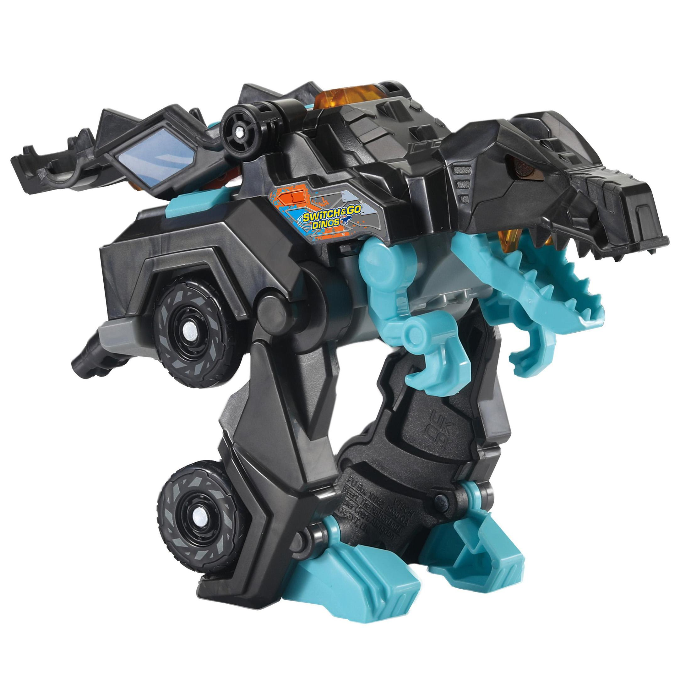Ein schwarzer und blauer Spielzeug-Dinosaurier-Roboter in Laufposition.