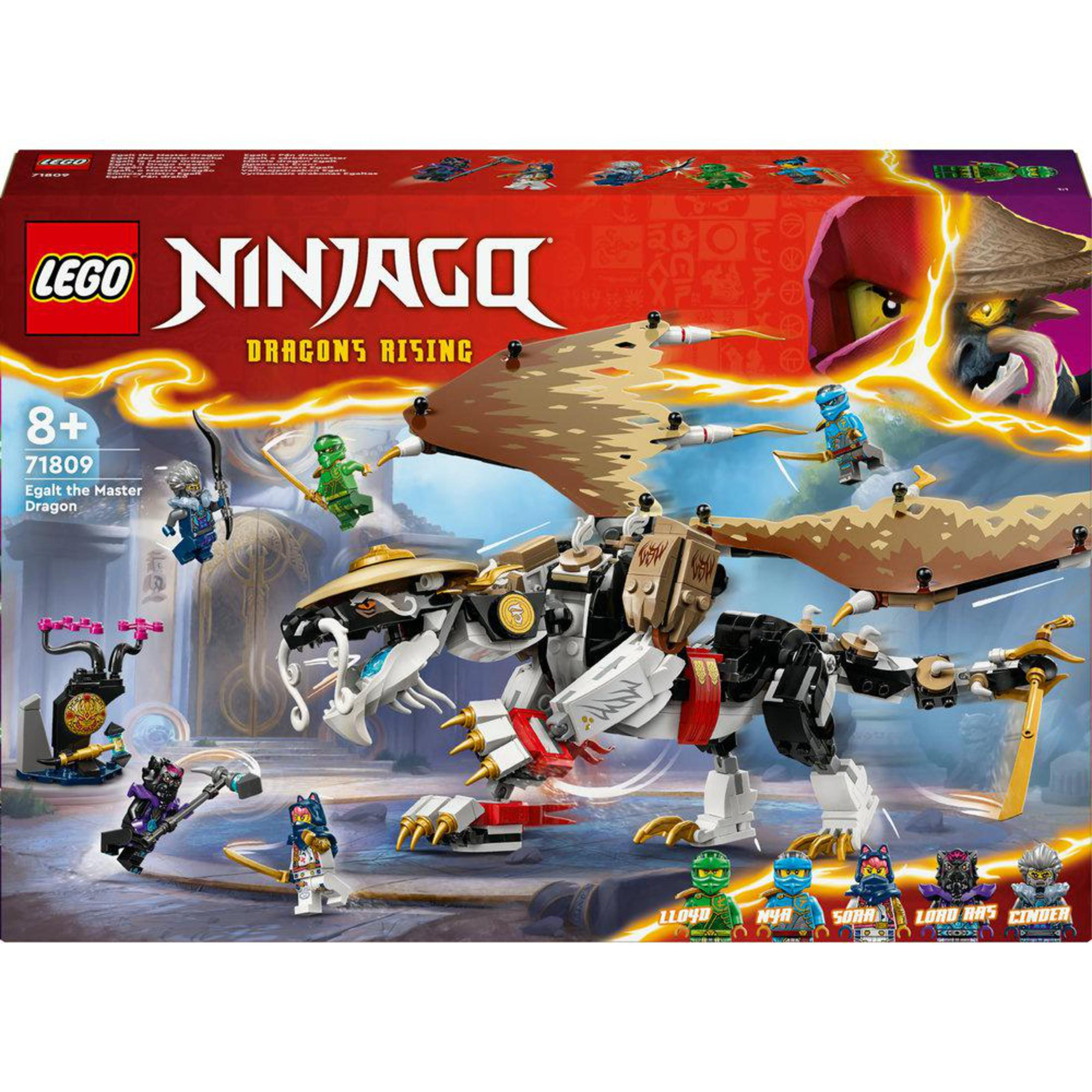 Zestaw Lego Ninjago. Zawiera smoka i kilka figurek ninja. Czerwony i biały.