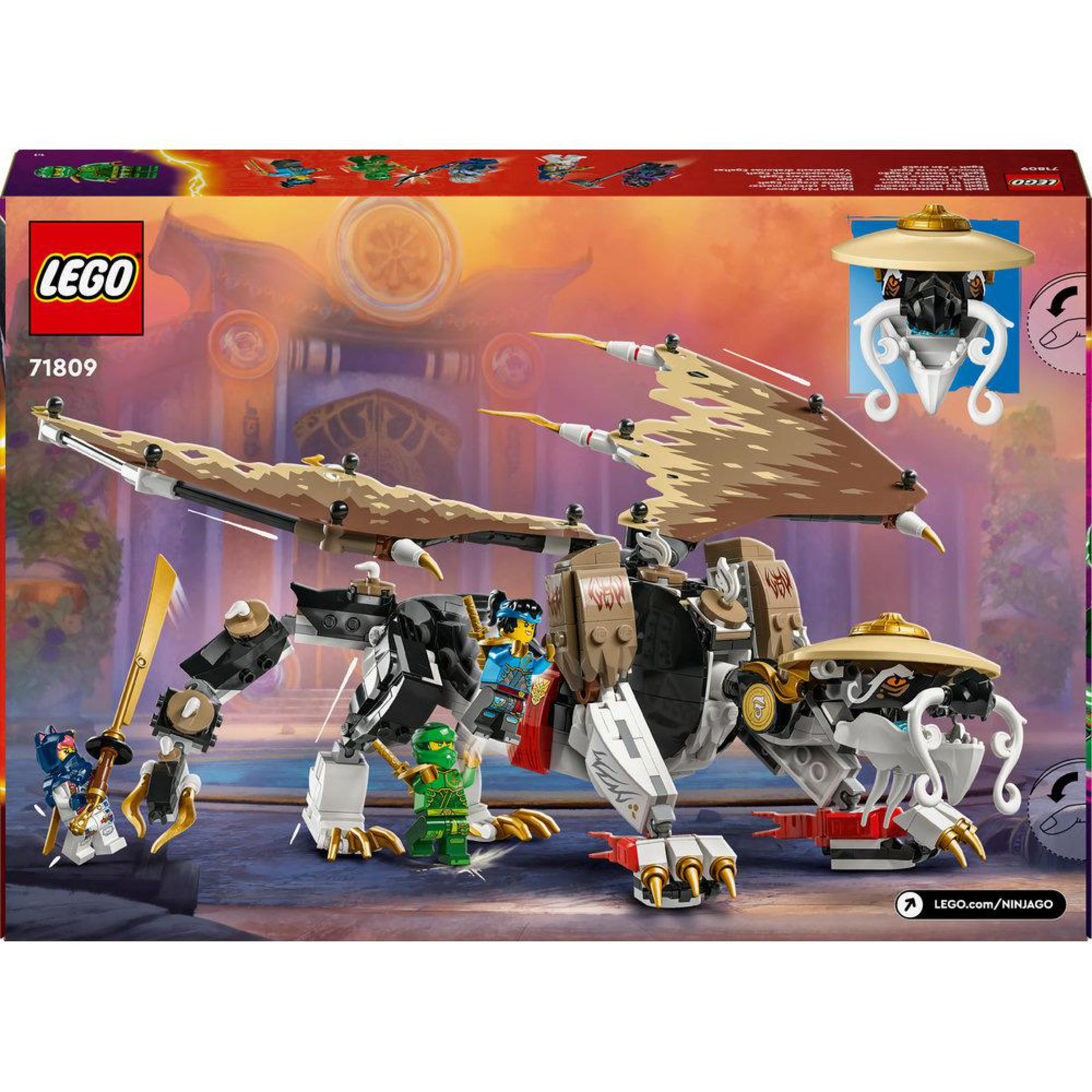 Pudełko zestawu Lego Ninjago. Model smoka z minifigurkami. Smok ze skrzydłami i tłem.