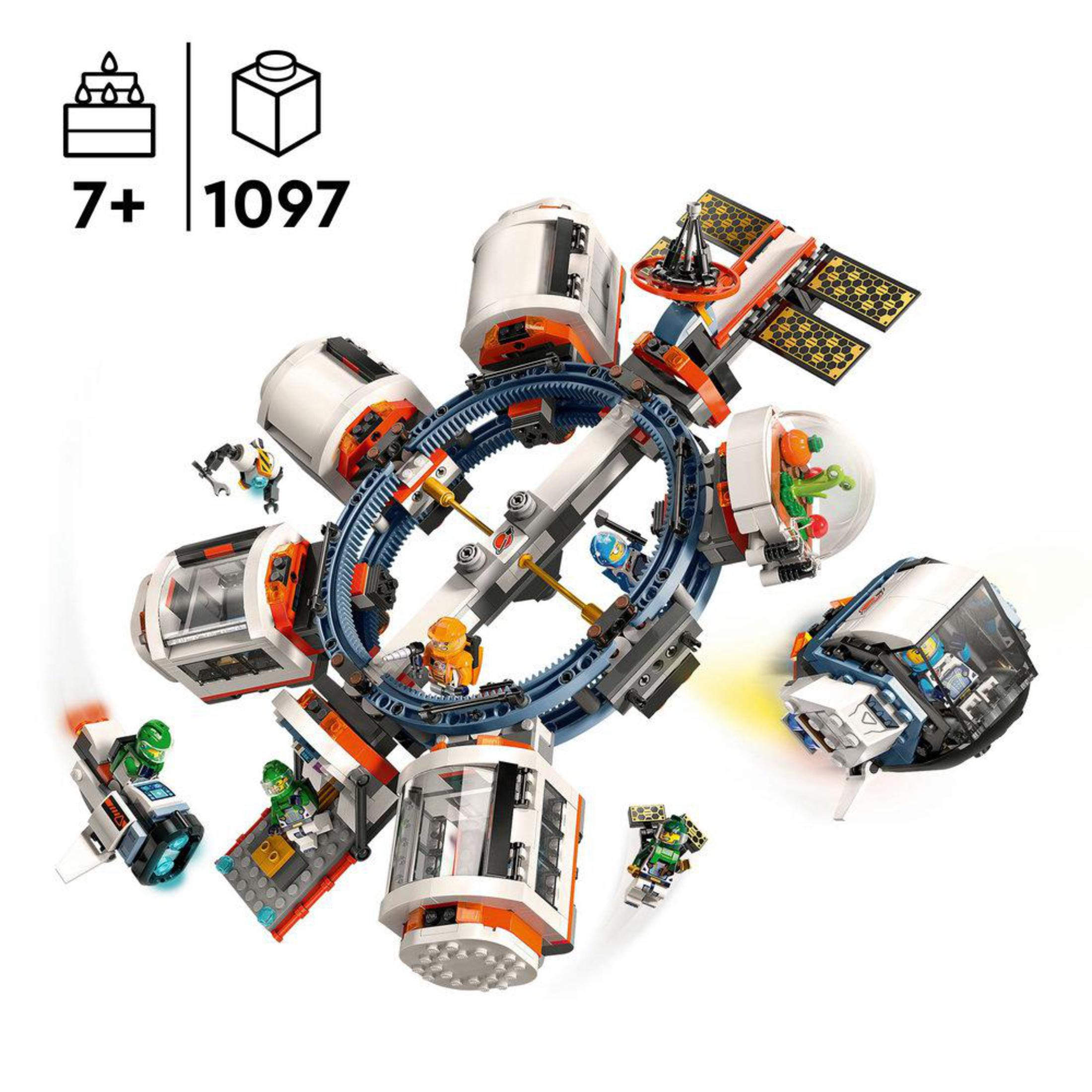 Set LEGO con una estación espacial, astronautas y varios vehículos espaciales.