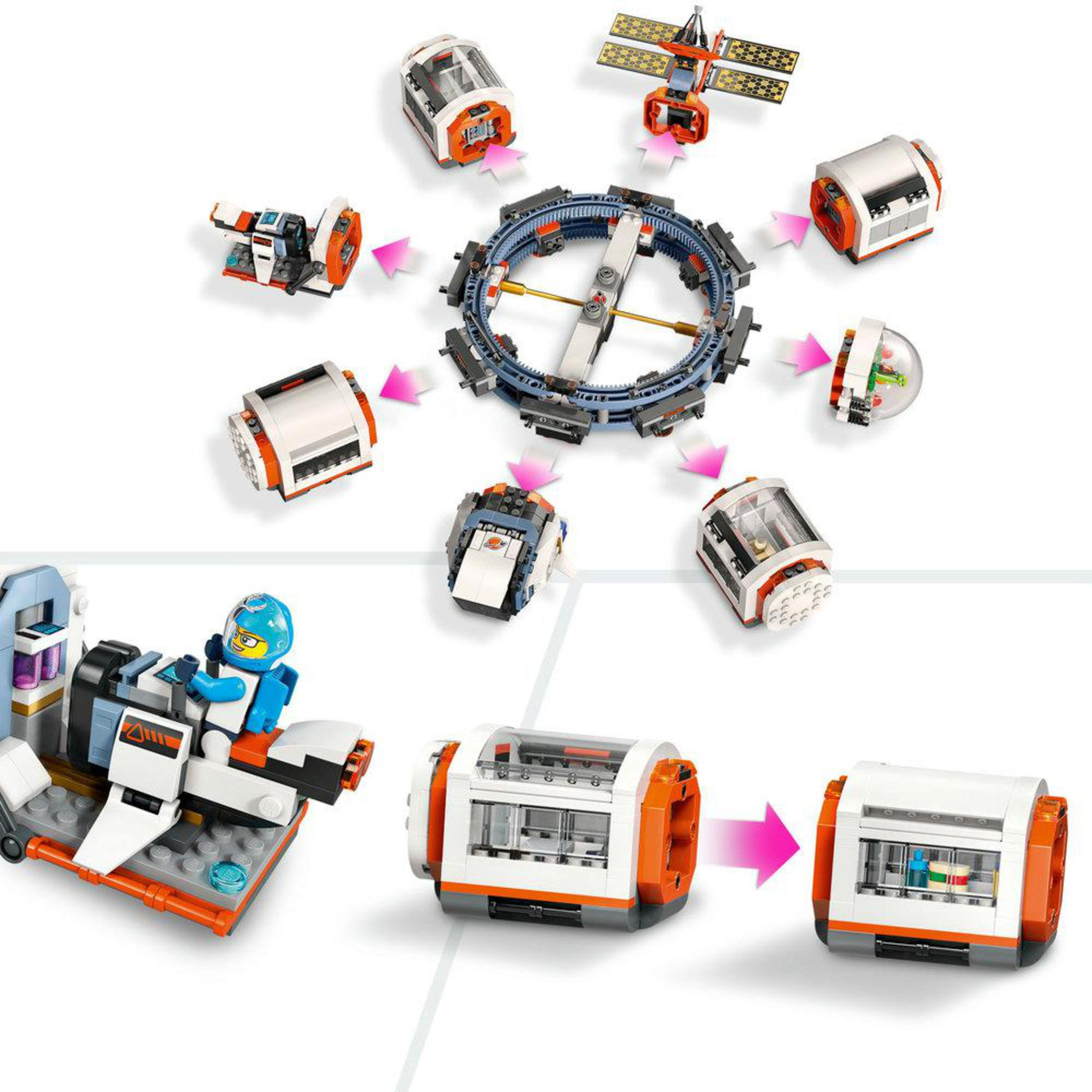 Set de estación espacial Lego. Incluye varios módulos y una nave espacial.