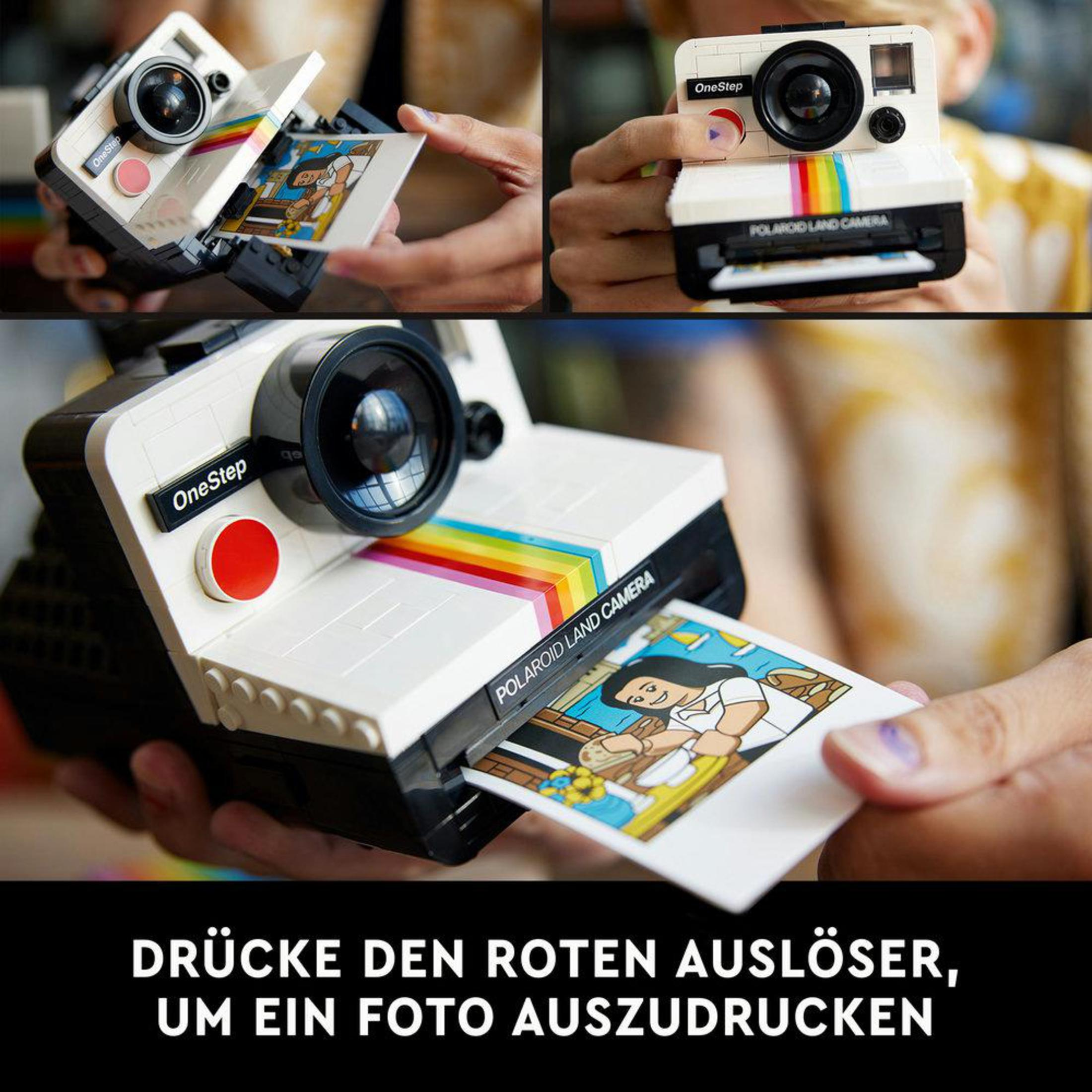 Wiele widoków aparatu Polaroid Lego, pokazujących montaż i wydrukowane zdjęcie.